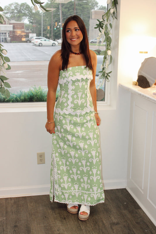 Abstract Print Ric Rac Detail Strapless Maxi Dress