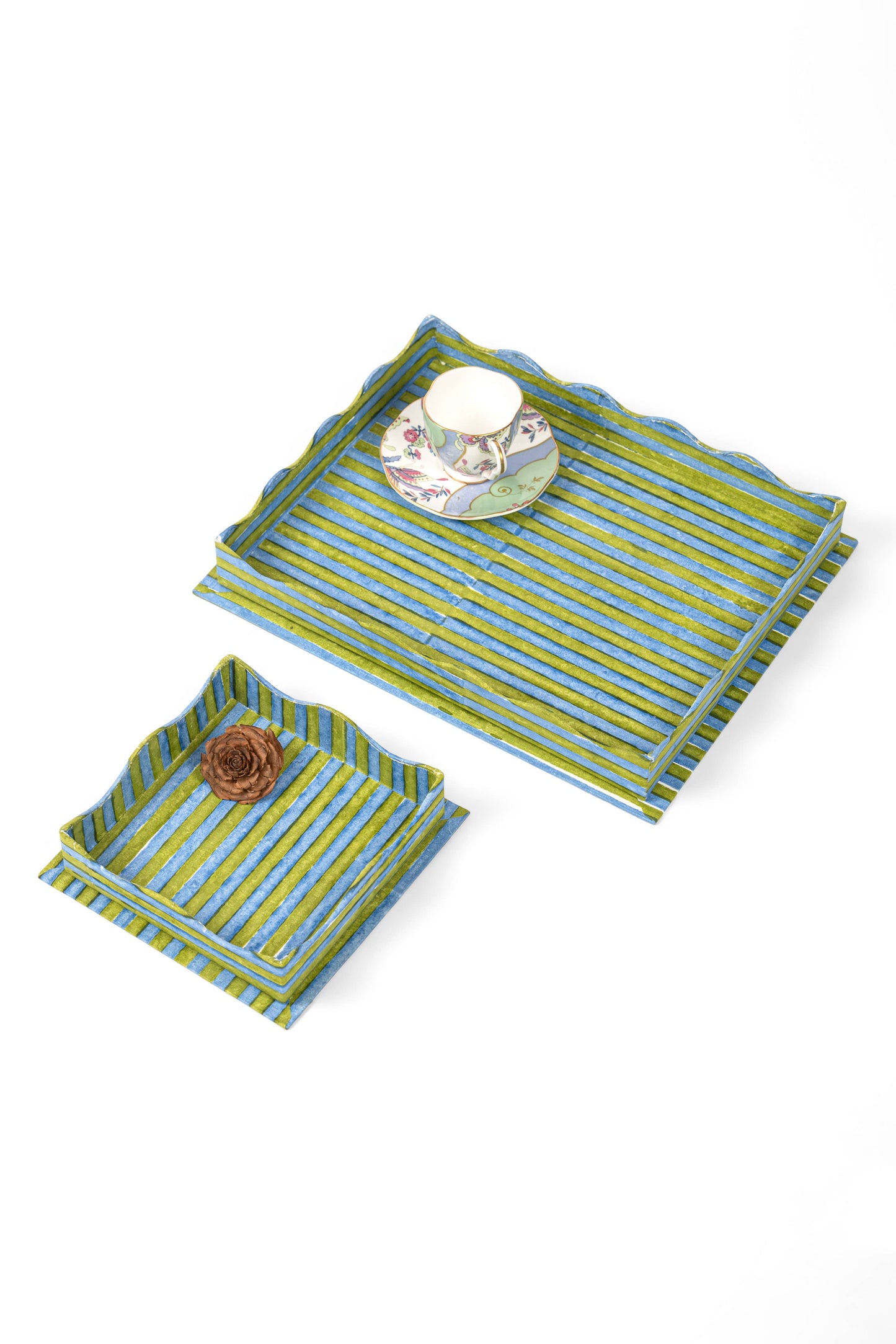 Nesting Scalloped Stripes Blockprint Trays in Green Blue