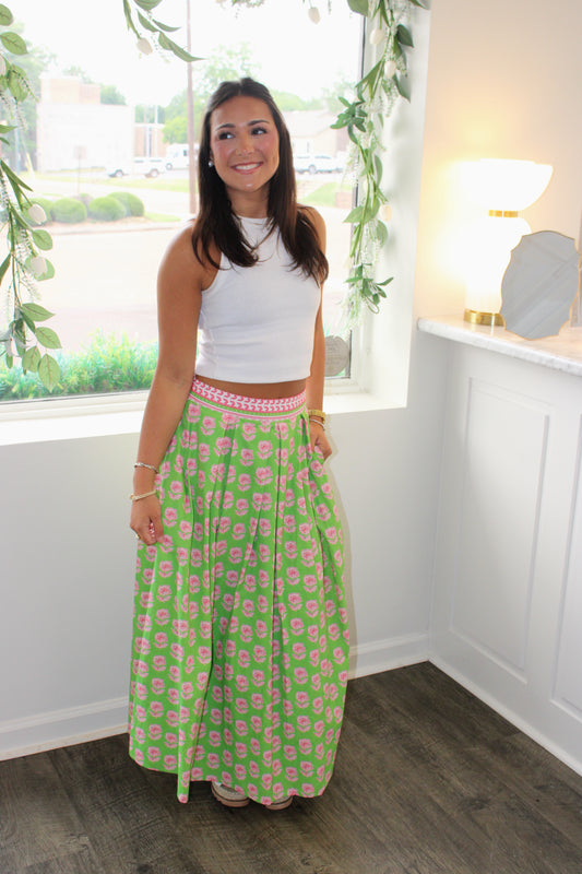 Madilynn Floral Contrast Trim Midi Skirt