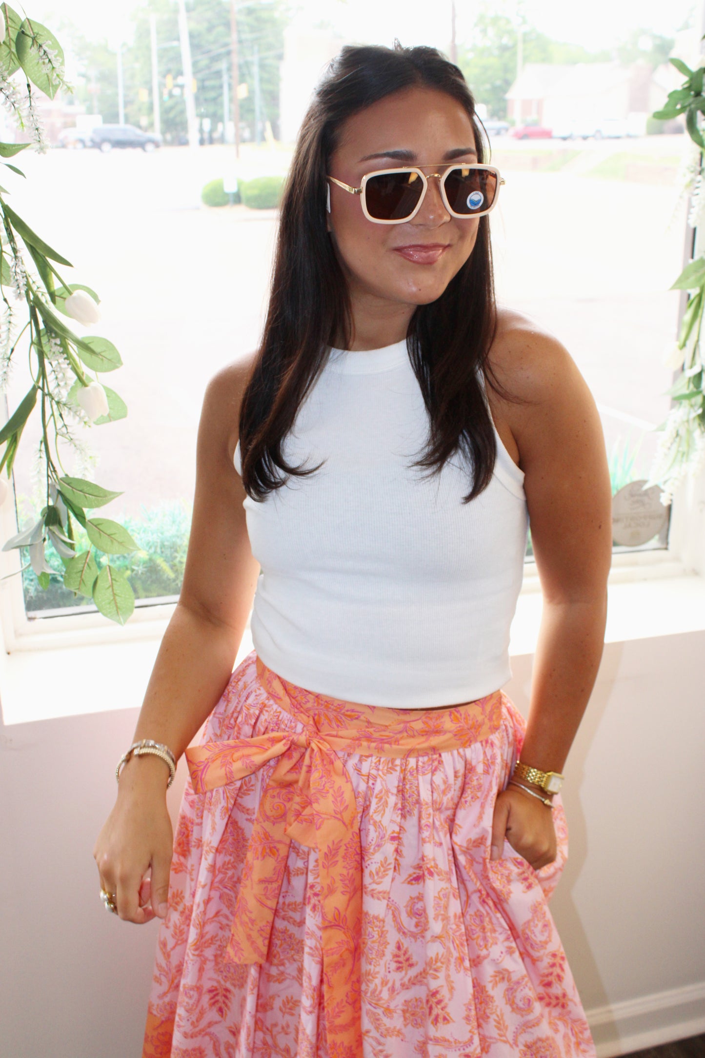 Blair Floral Border Tie Waist Midi Skirt
