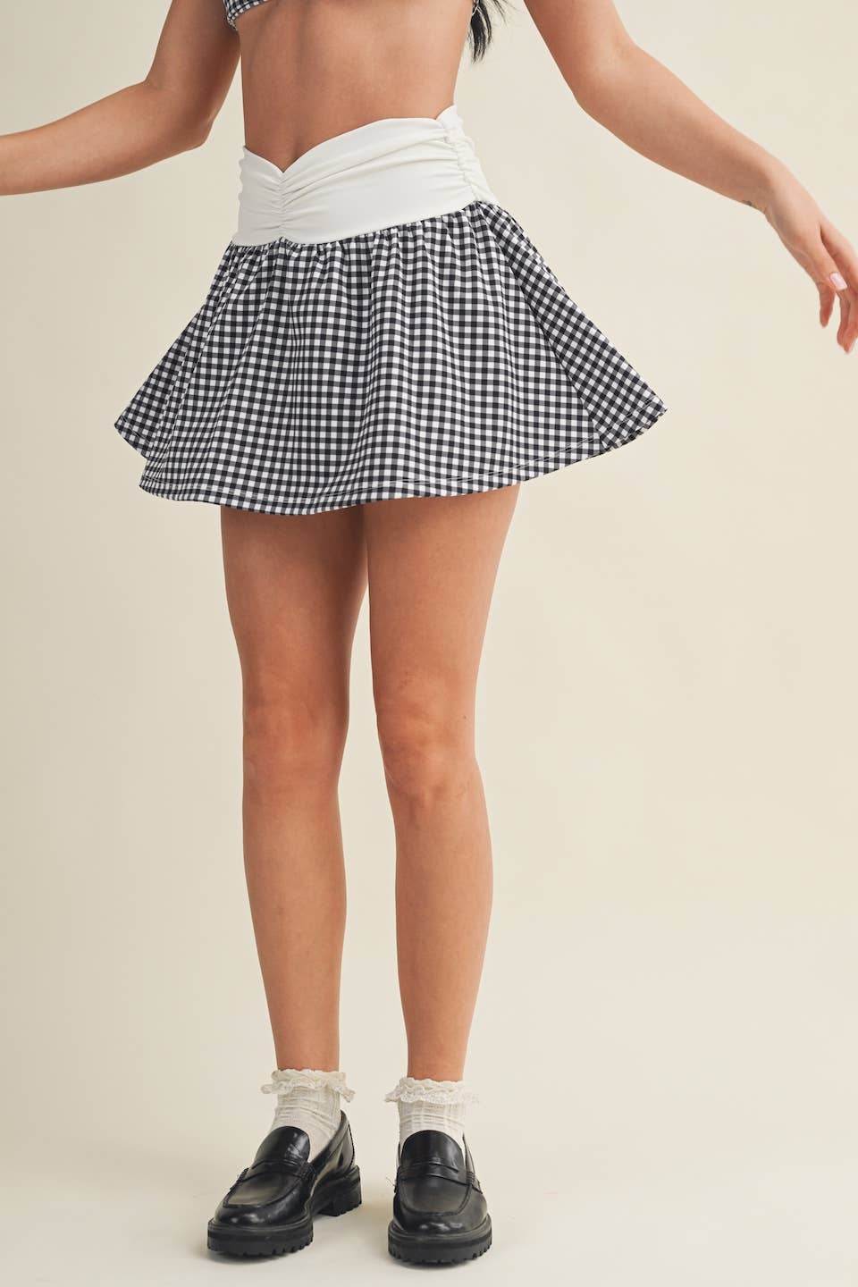 Gingham Print Ruched Waistband Mini Skort