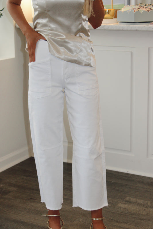 White High Rise Raw Hem Barrel