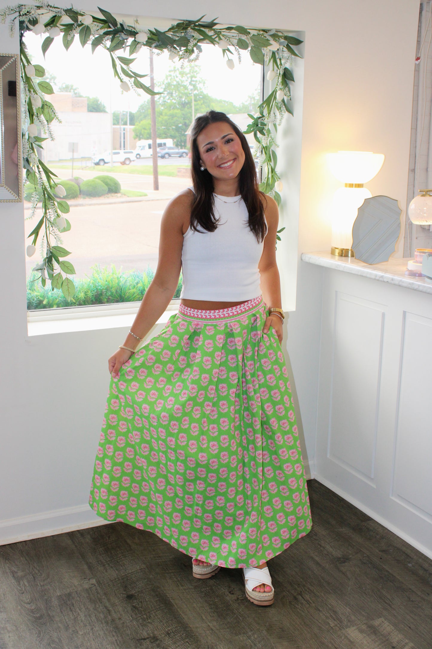 Madilynn Floral Contrast Trim Midi Skirt