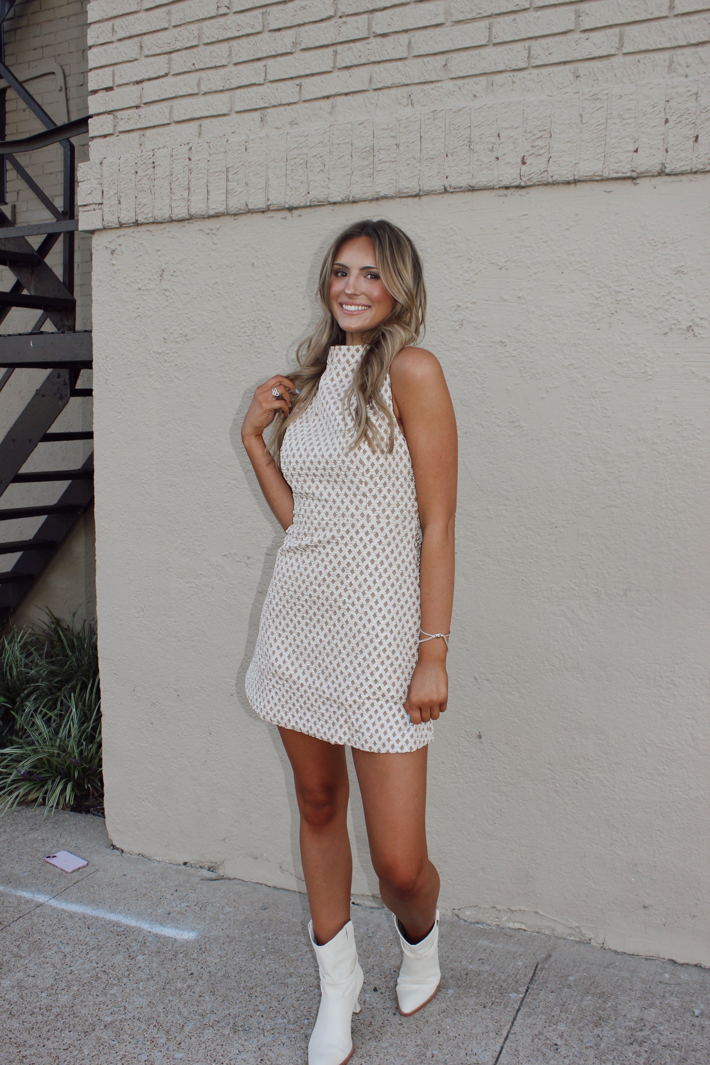 Textured Sleeveless Mock Neck Mini Dress