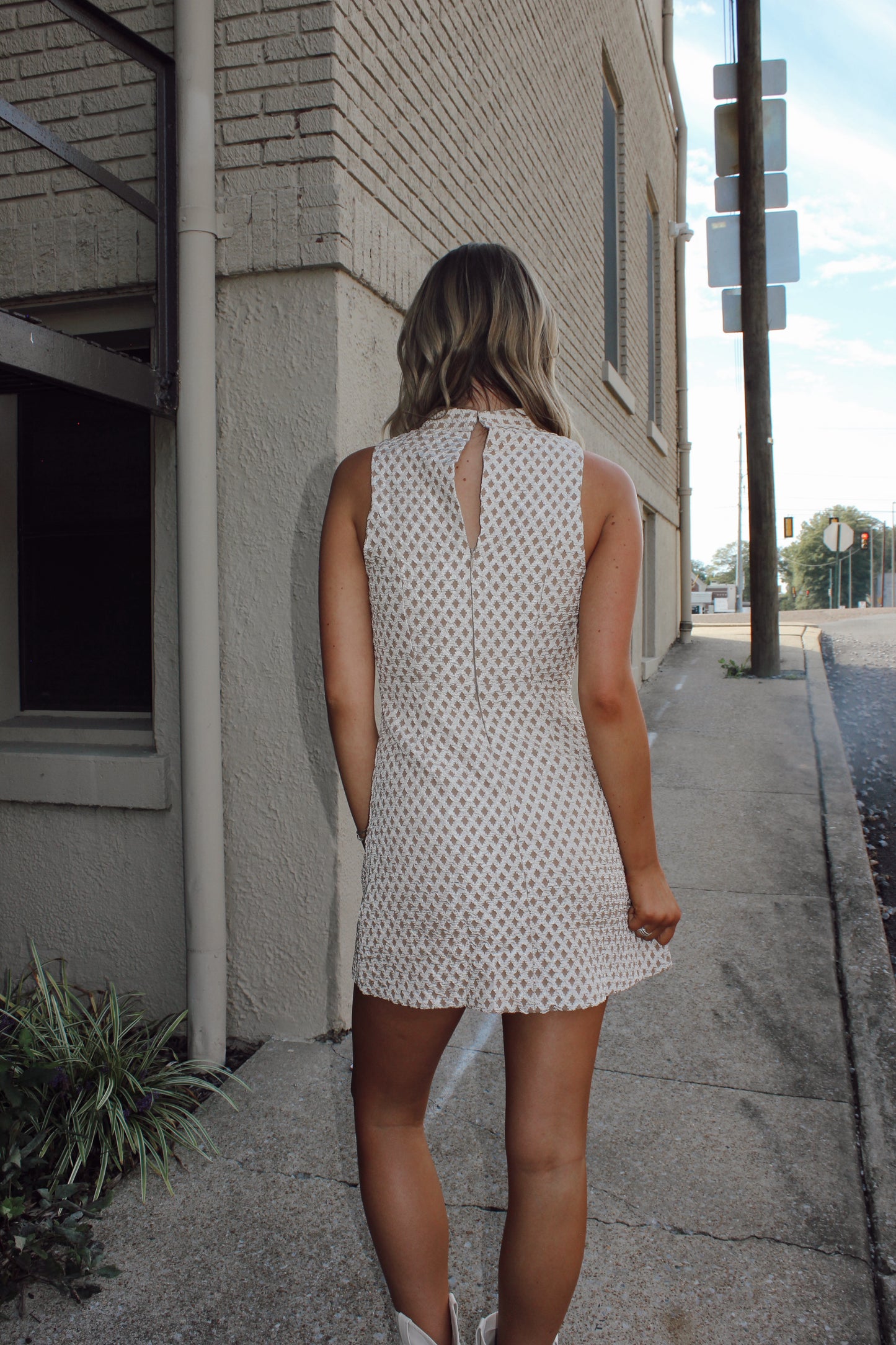 Textured Sleeveless Mock Neck Mini Dress