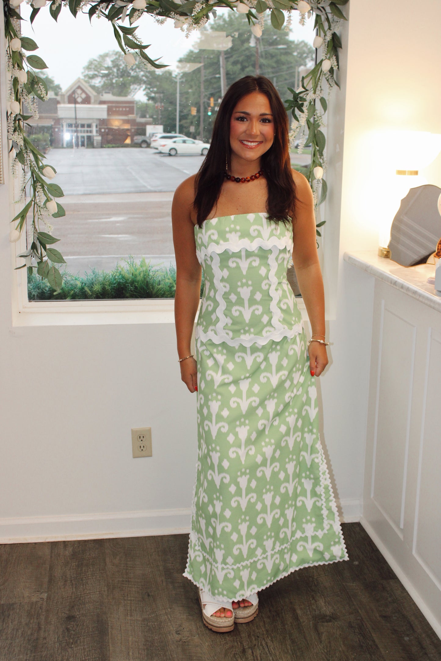 Abstract Print Ric Rac Detail Strapless Maxi Dress