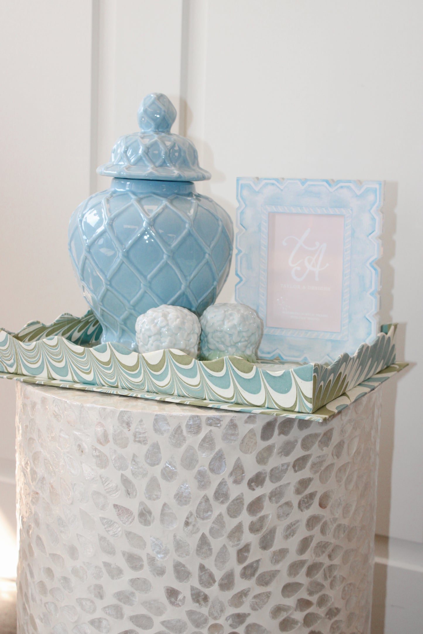 Nesting Scalloped Hand-Marbled Trays in Robin Blue