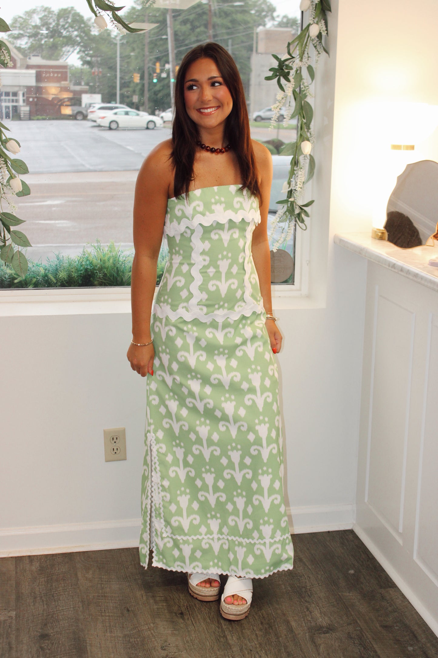 Abstract Print Ric Rac Detail Strapless Maxi Dress