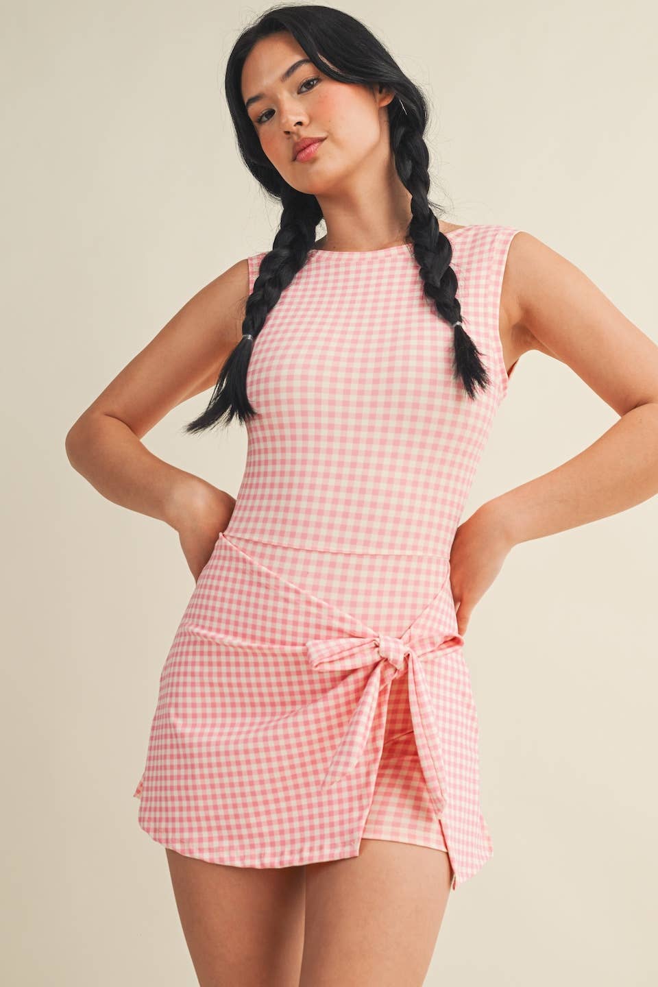 Gingham Print Sleeveless Wrap Athletic Dress