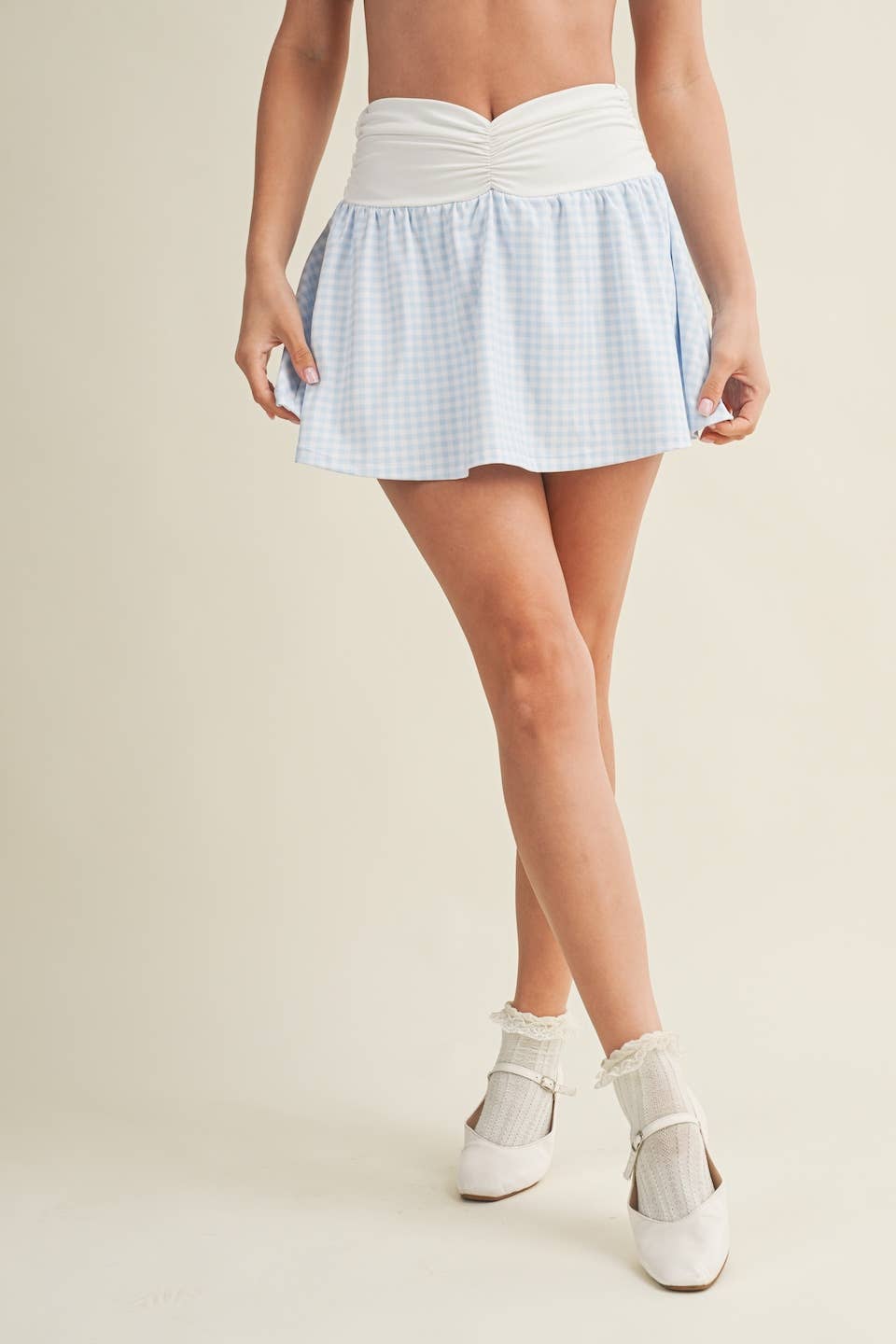 Gingham Print Ruched Waistband Mini Skort