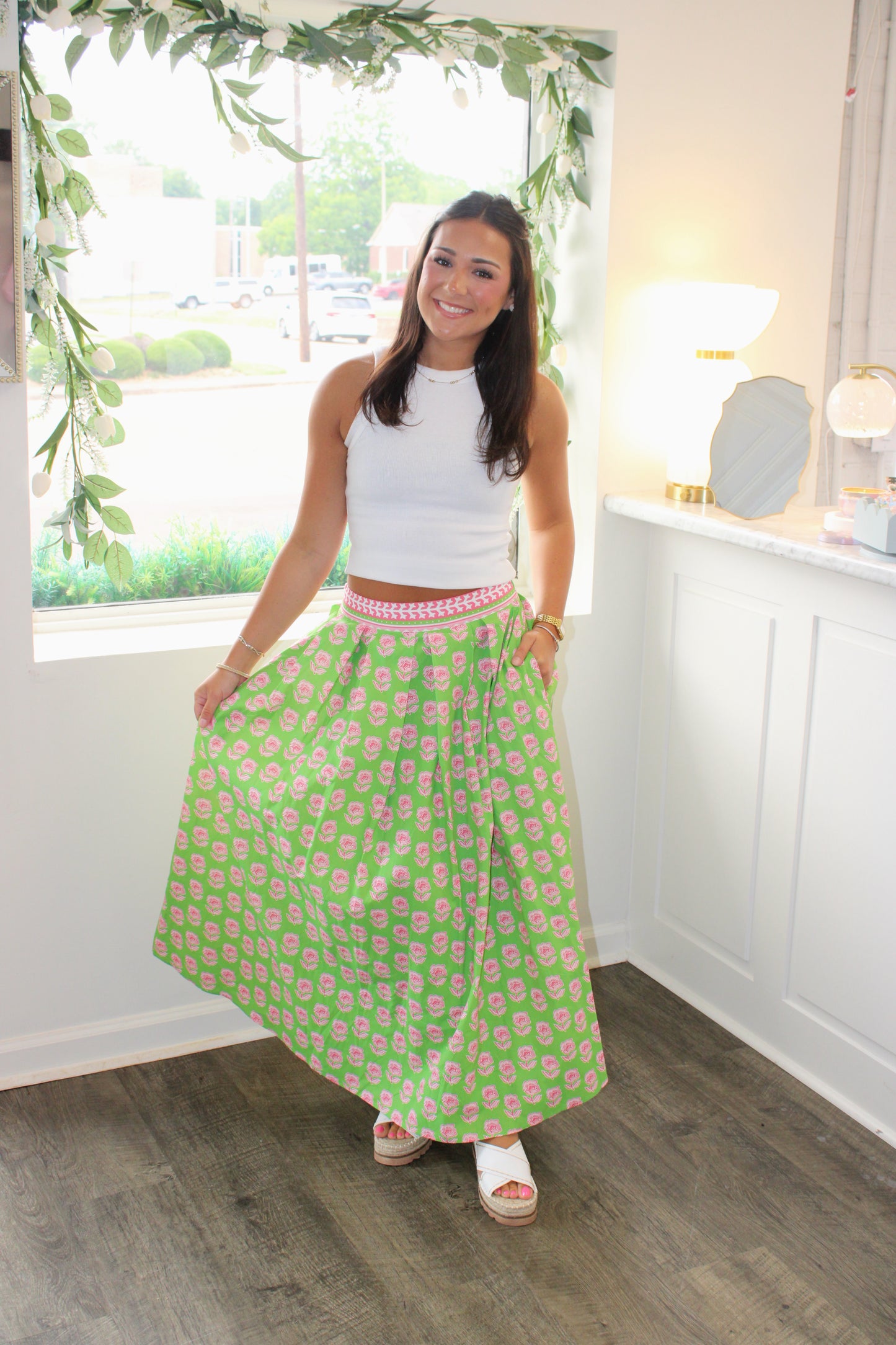 Madilynn Floral Contrast Trim Midi Skirt