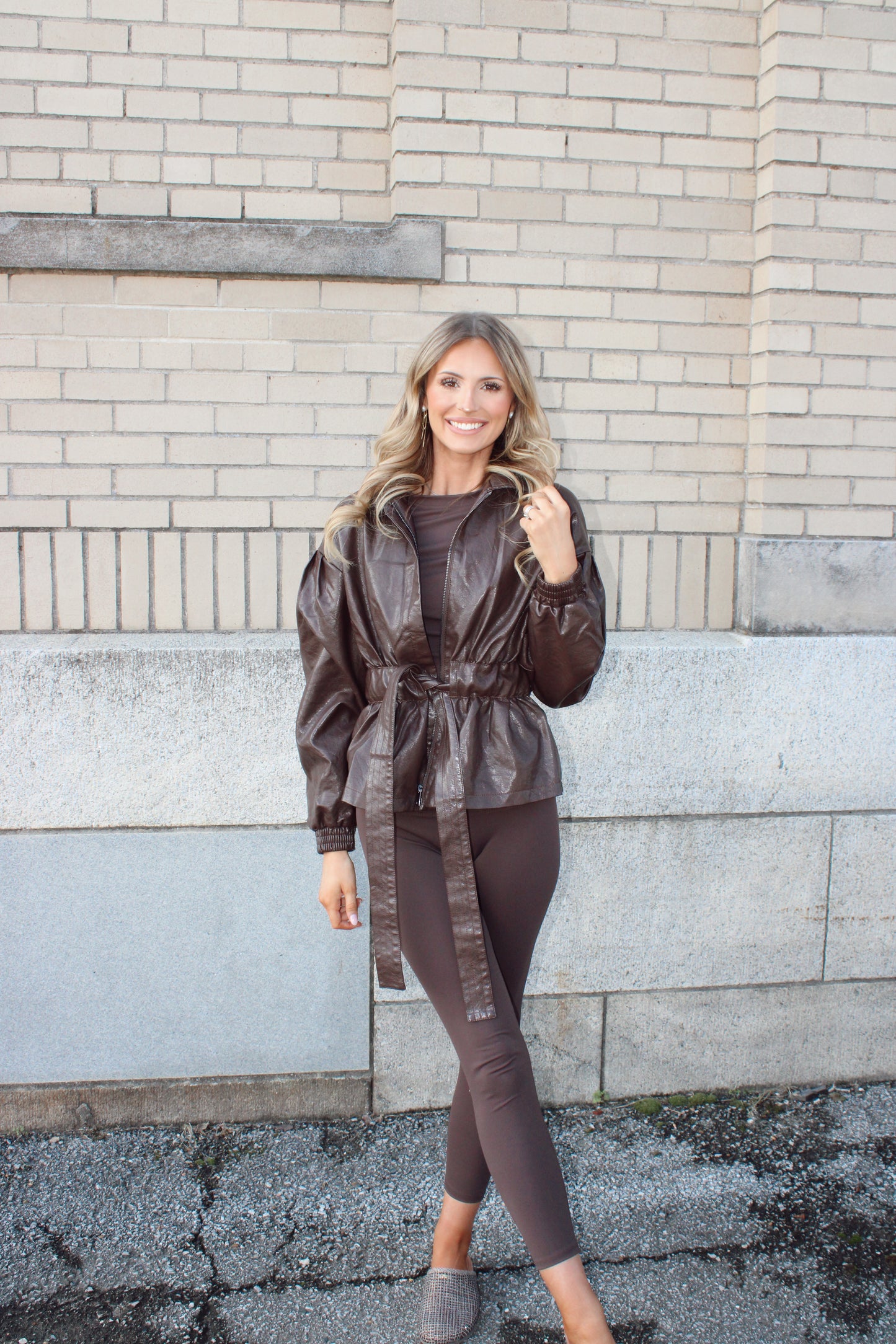 Chocolate Belted Faux Leather Jacket