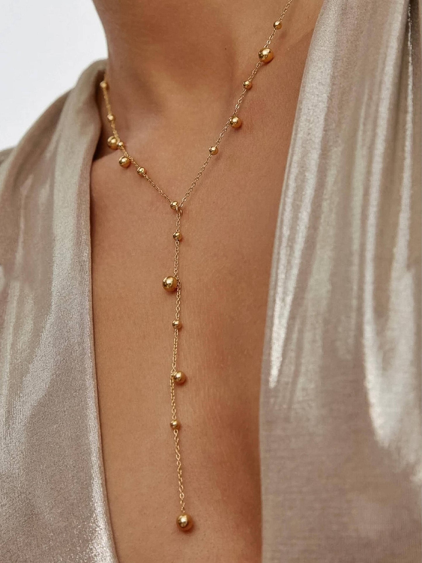 Gold Beaded Y Lariat Necklace