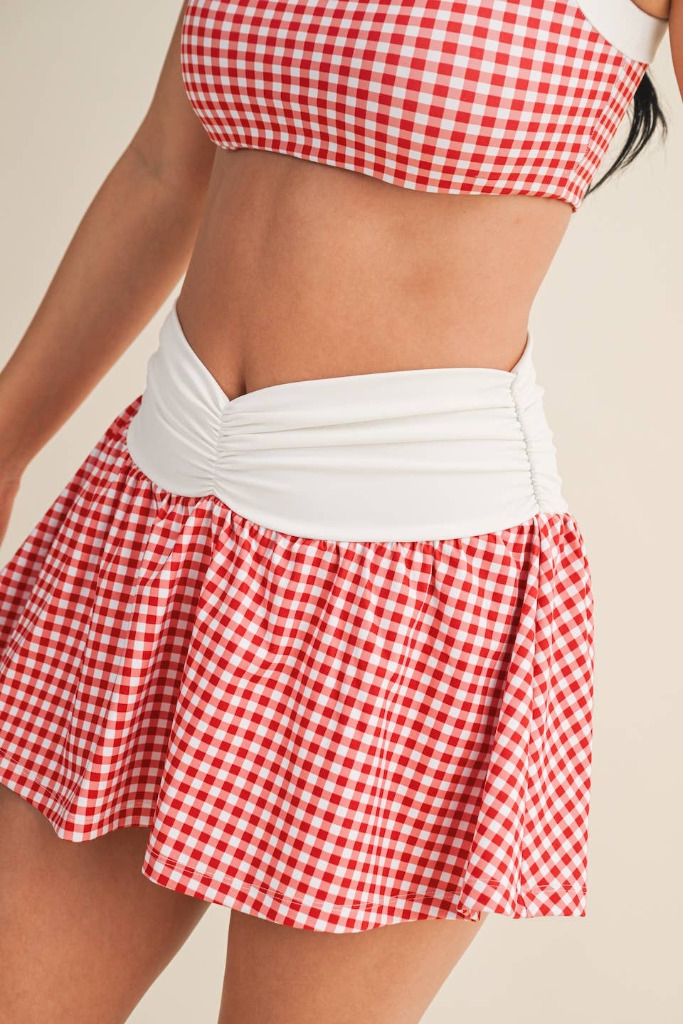 Gingham Print Ruched Waistband Mini Skort