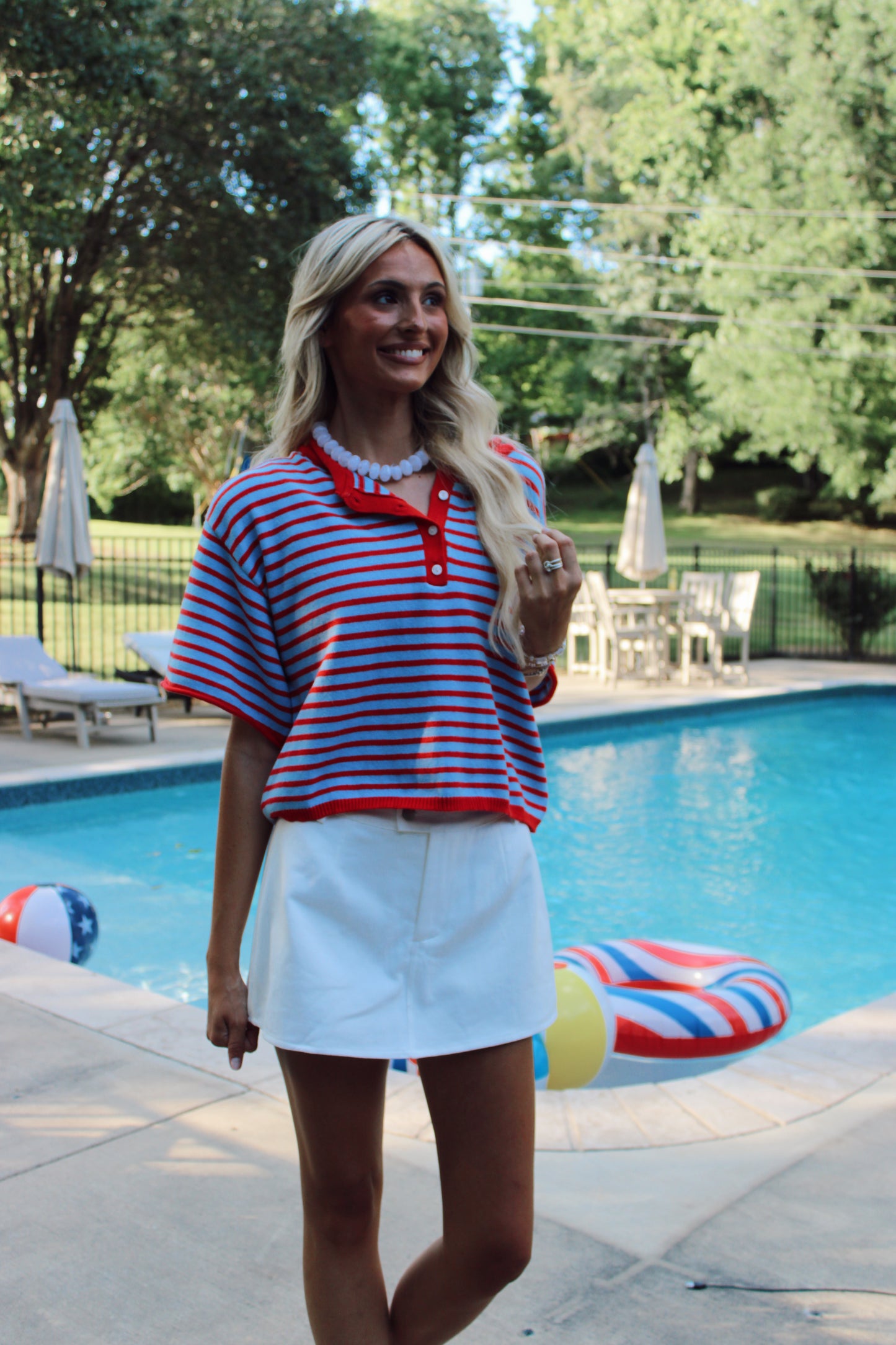 Jamie Striped Knit Henley - Blue and Red