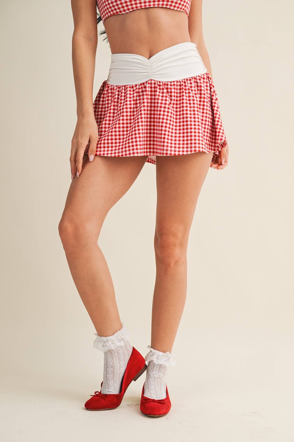 Gingham Print Ruched Waistband Mini Skort