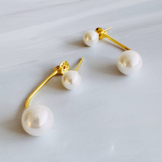 Modern Dual Pearl Drop Earrings – Minimal Gold Accent Design
