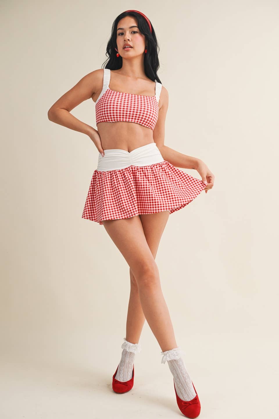Gingham Print Ruched Waistband Mini Skort