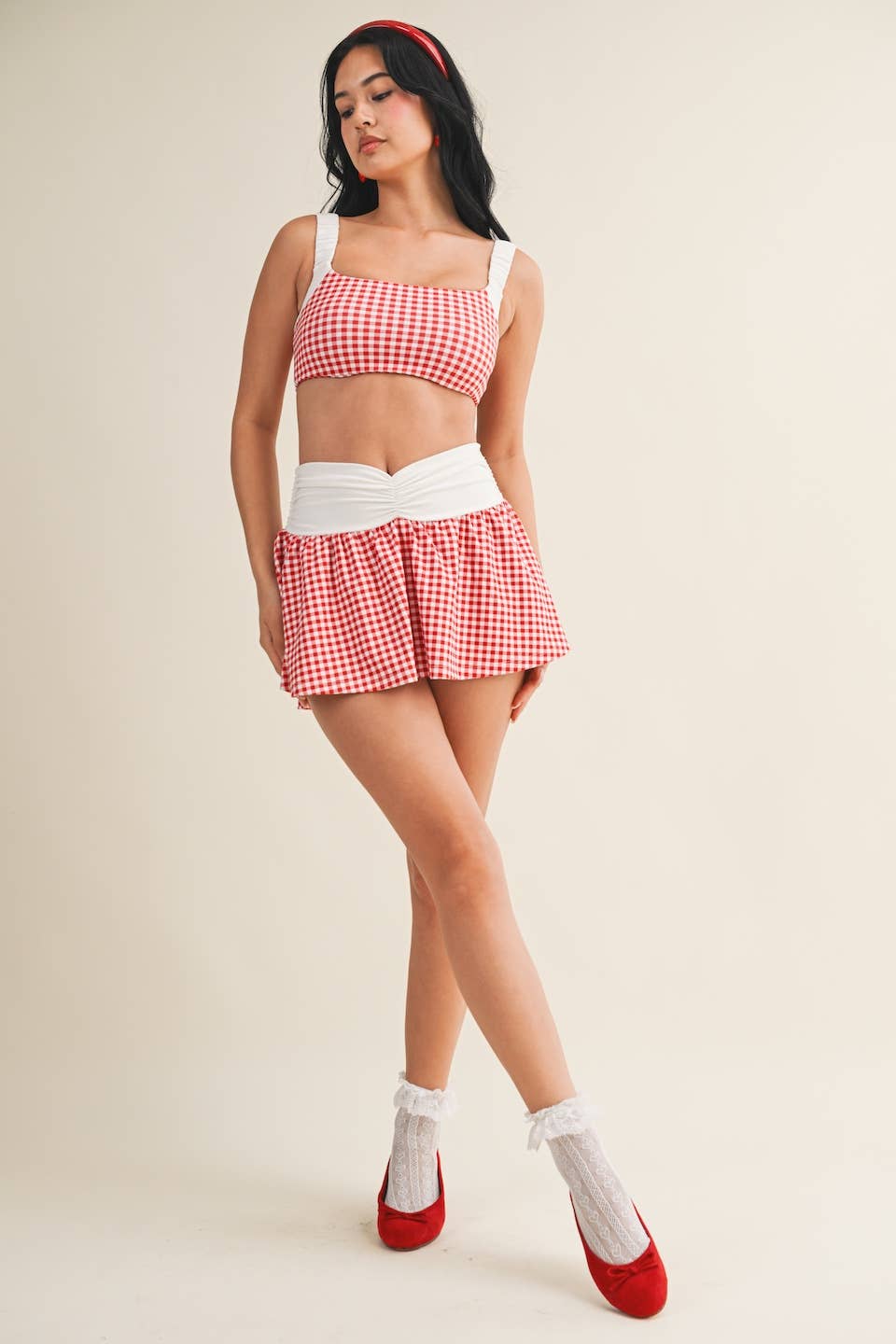 Gingham Print Ruched Waistband Mini Skort