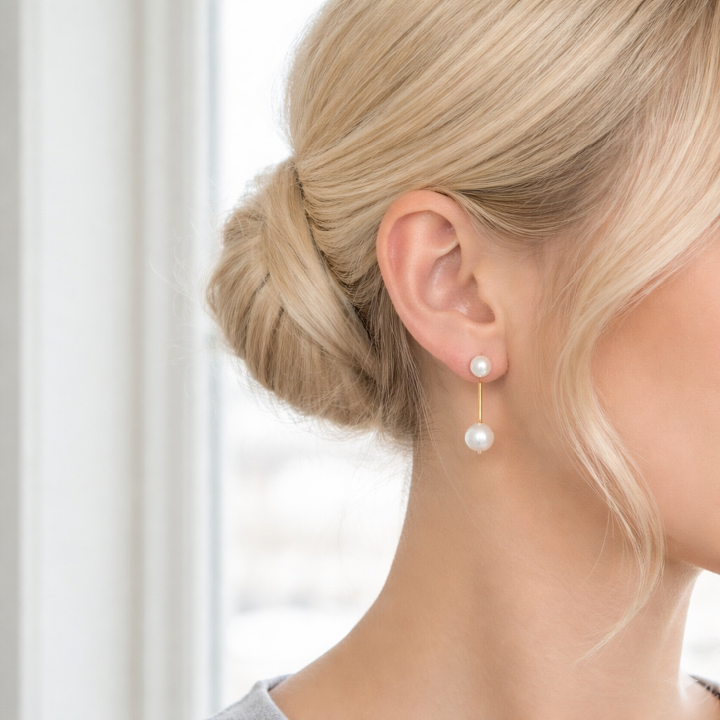 Modern Dual Pearl Drop Earrings – Minimal Gold Accent Design