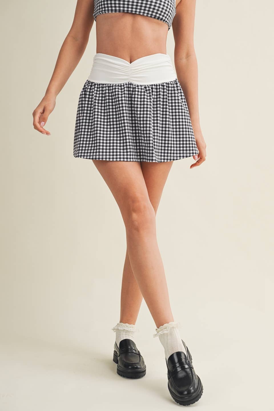 Gingham Print Ruched Waistband Mini Skort