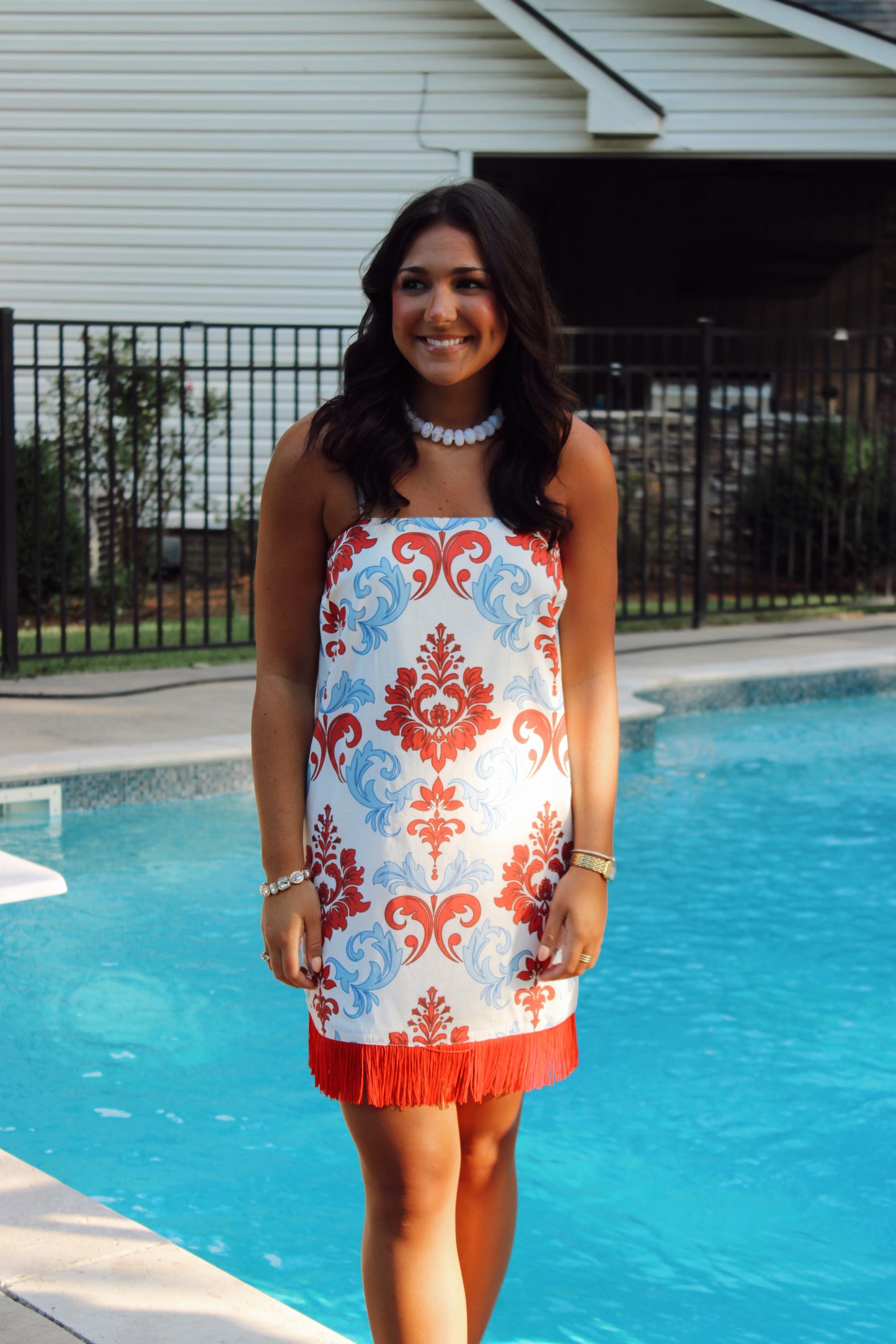 Darcie Damask Fringe Hem Mini Dress