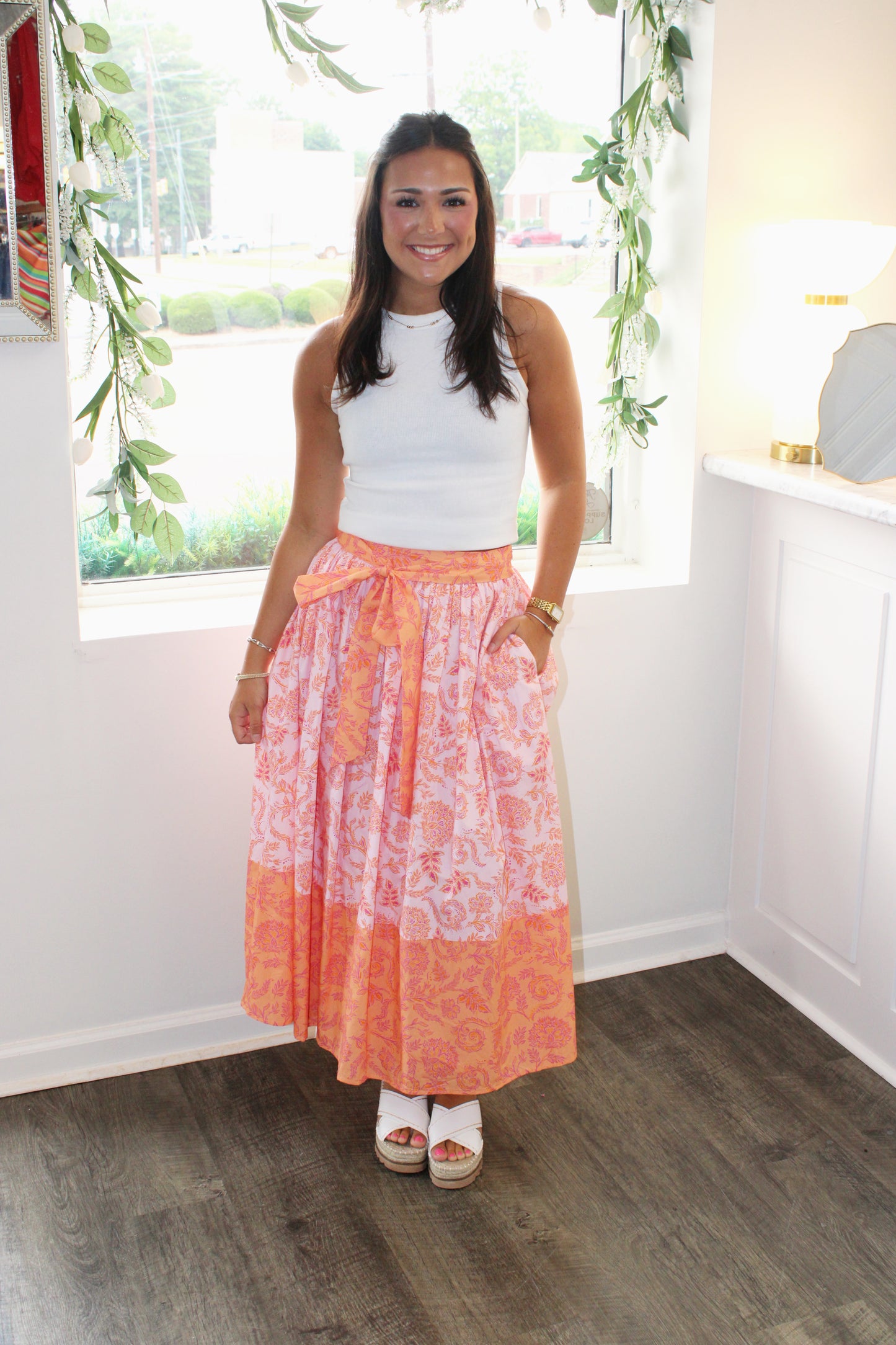 Blair Floral Border Tie Waist Midi Skirt