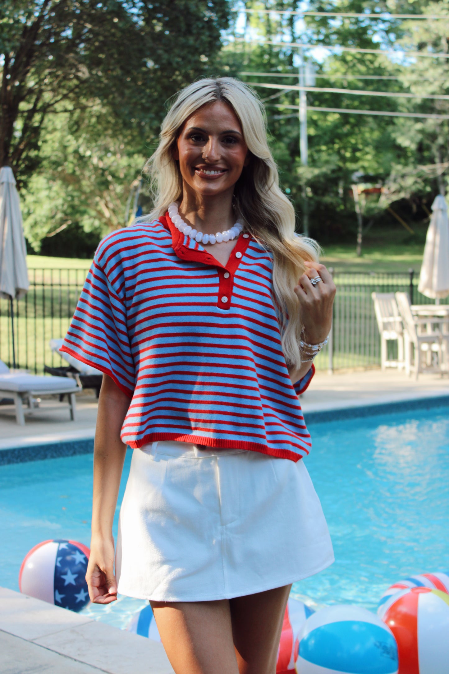 Jamie Striped Knit Henley - Blue and Red