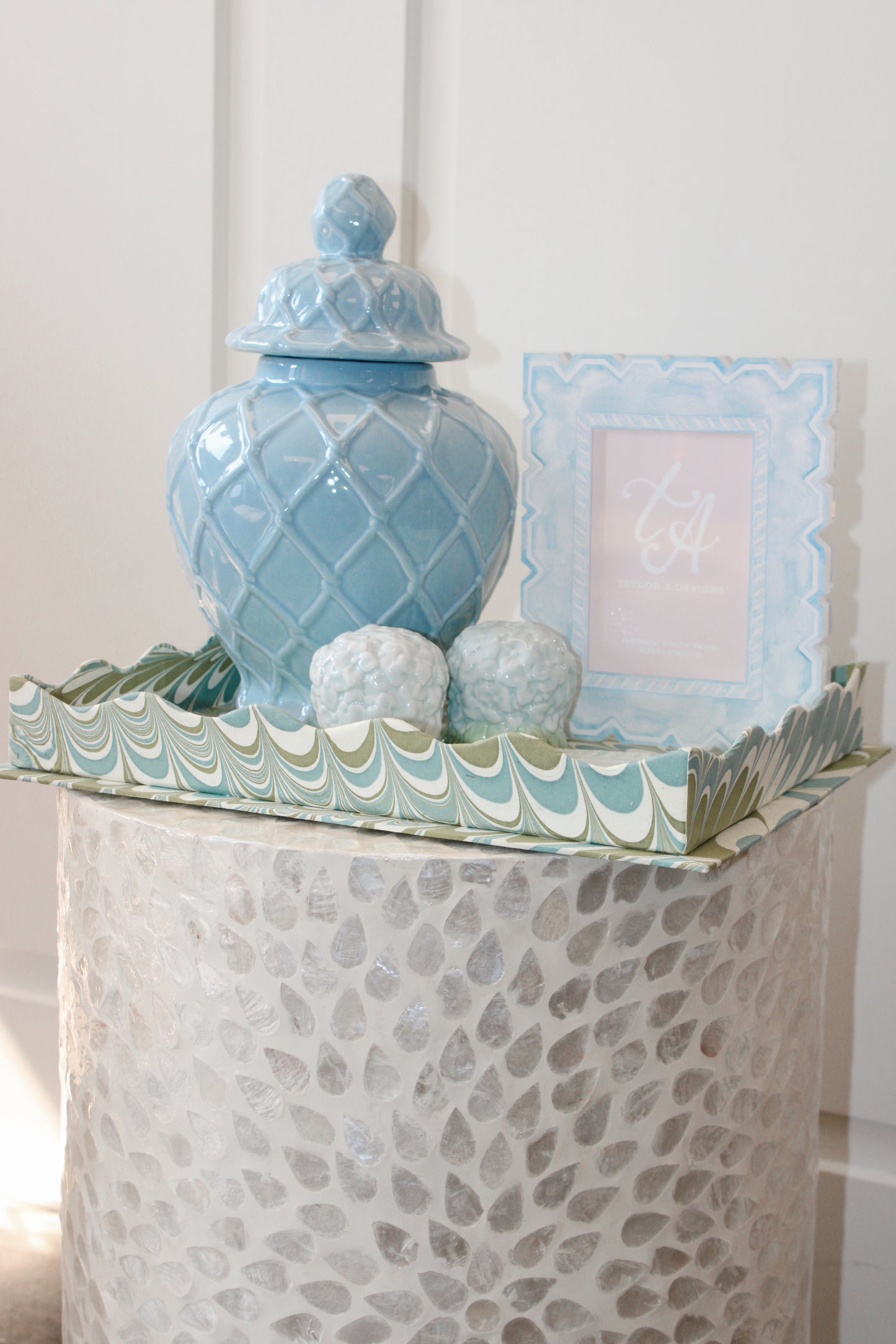 Nesting Scalloped Hand-Marbled Trays in Robin Blue