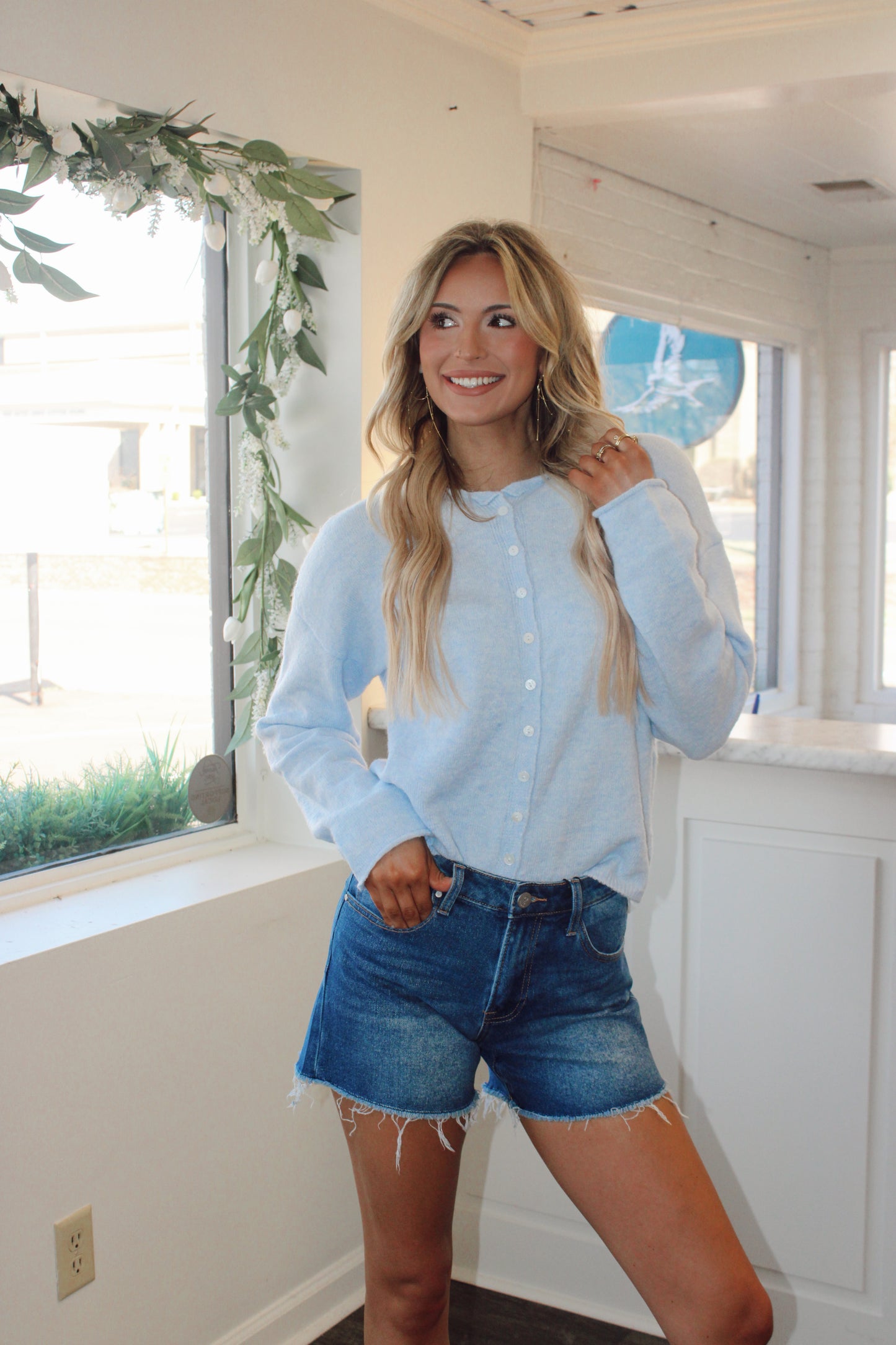 High Rise Trim Midi Stretch Denim Shorts