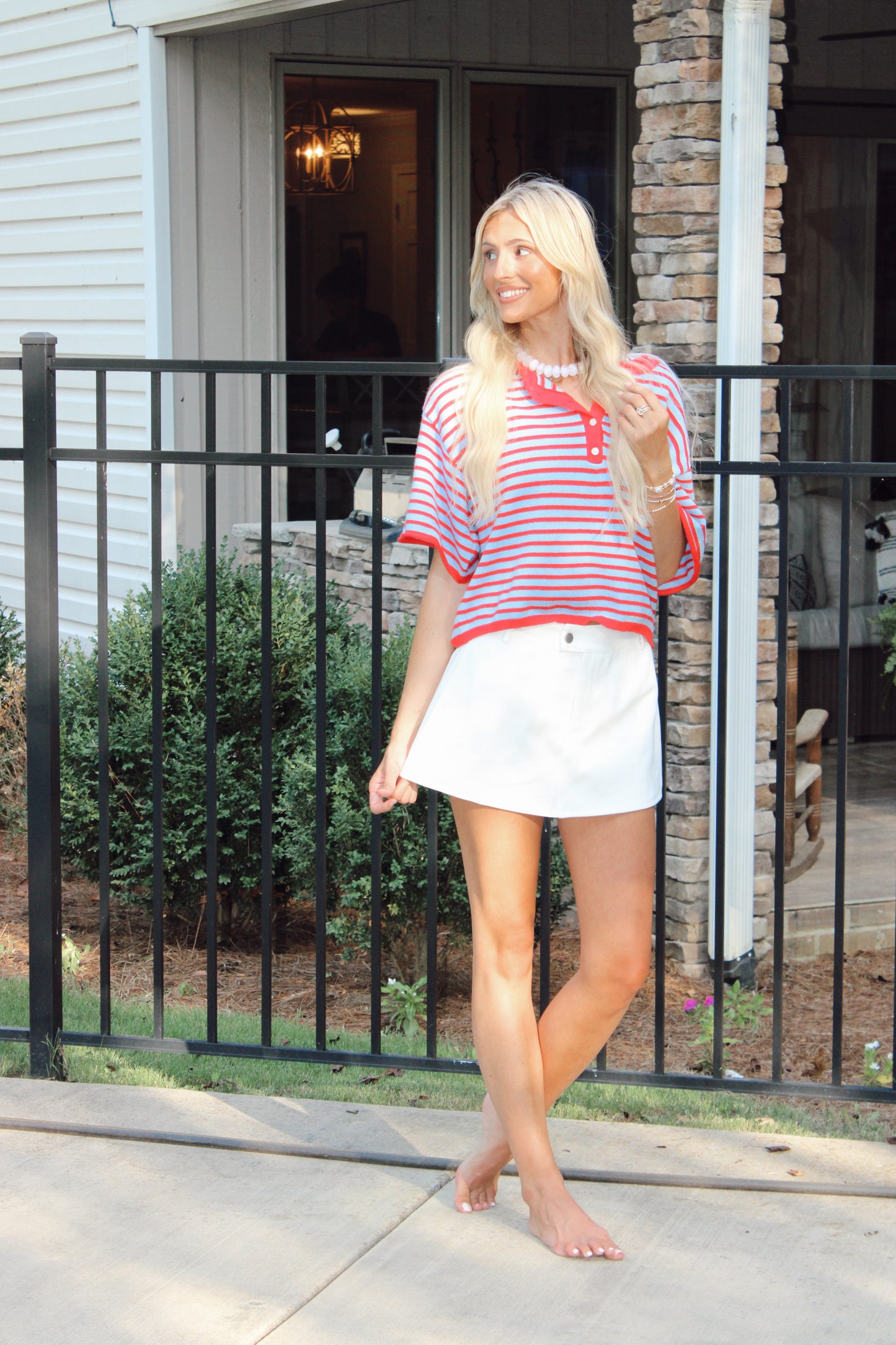 Jamie Striped Knit Henley - Blue and Red