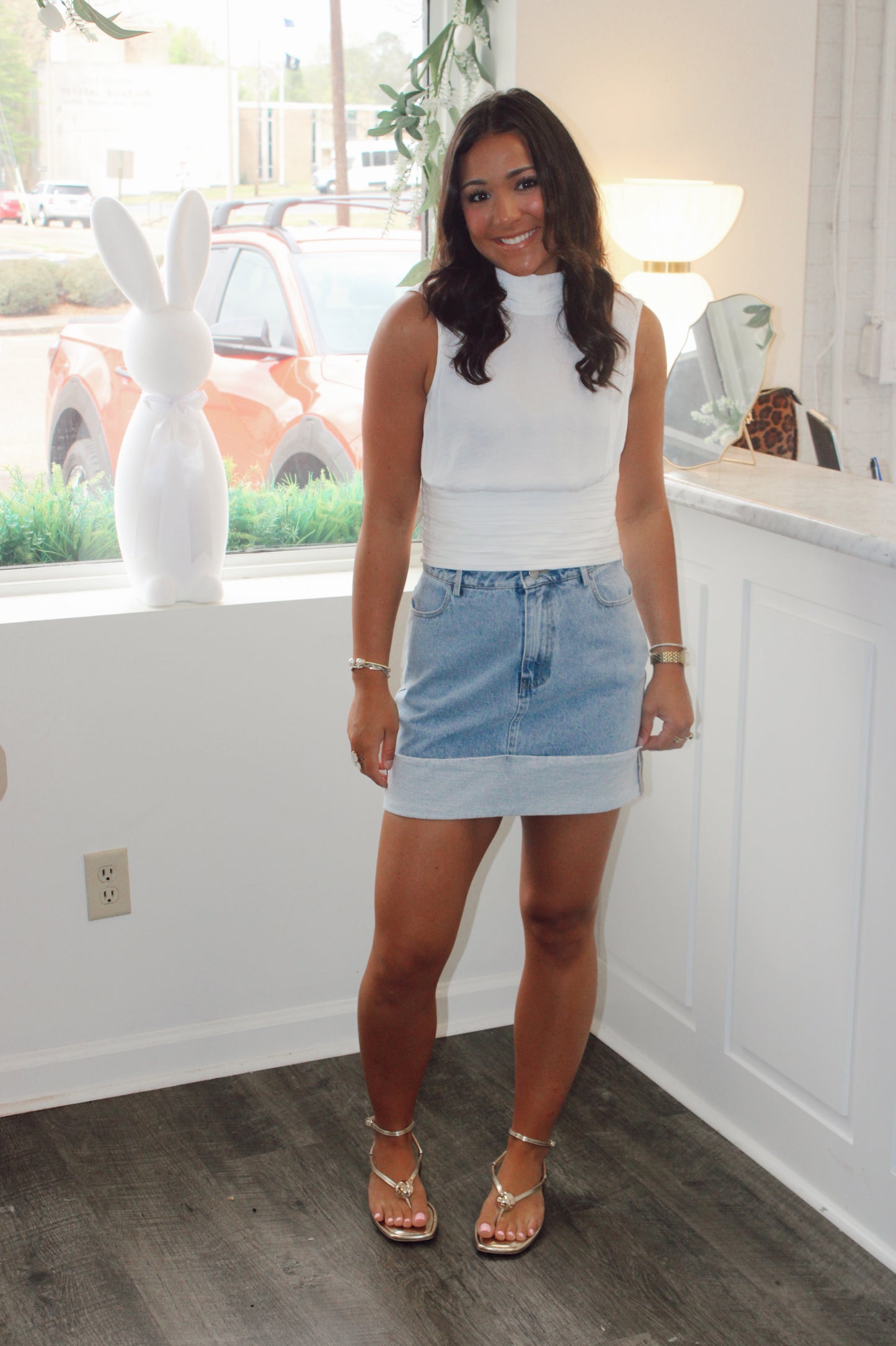 Mock Neck Satin Shirred Top