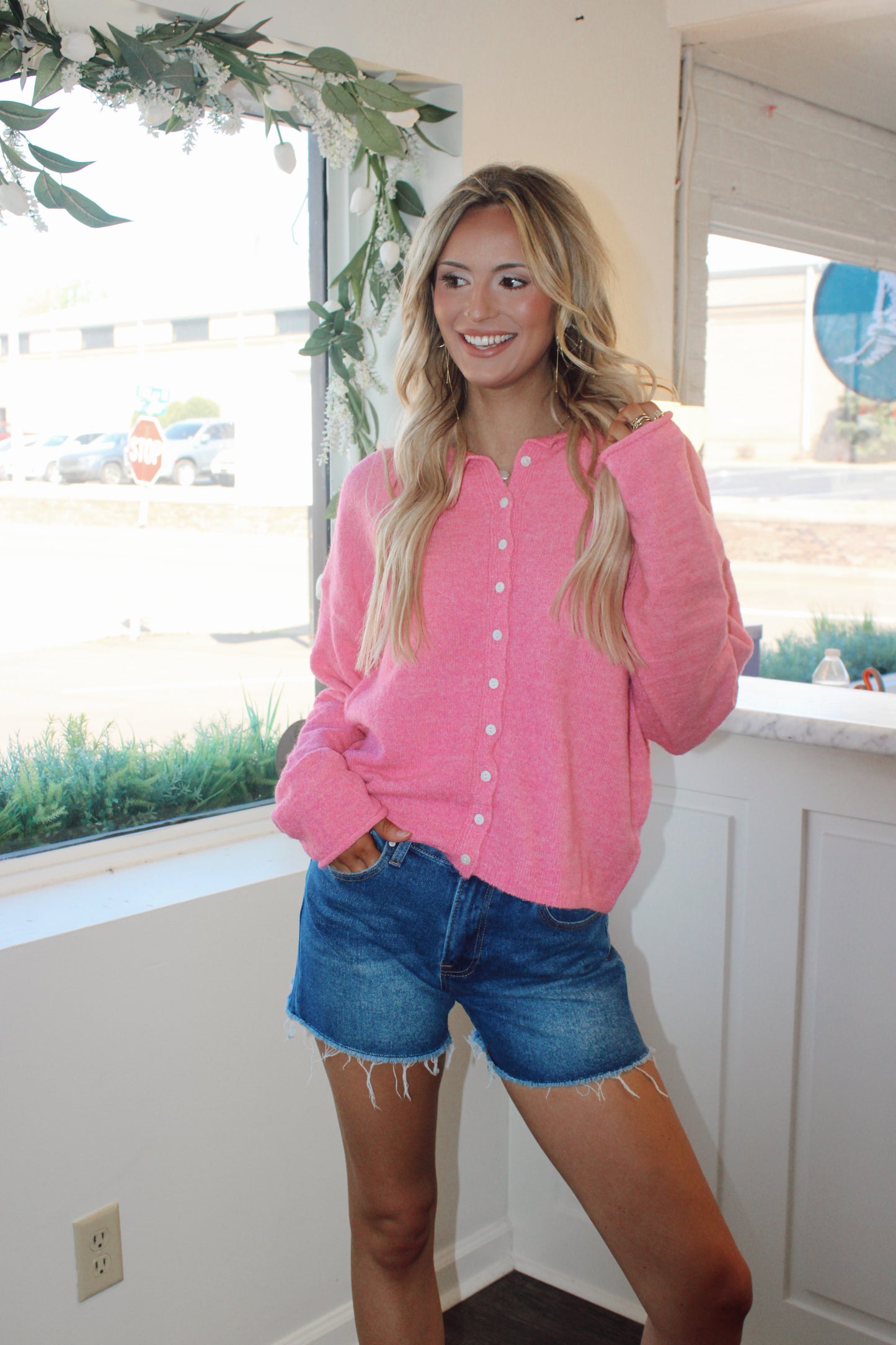 High Rise Trim Midi Stretch Denim Shorts