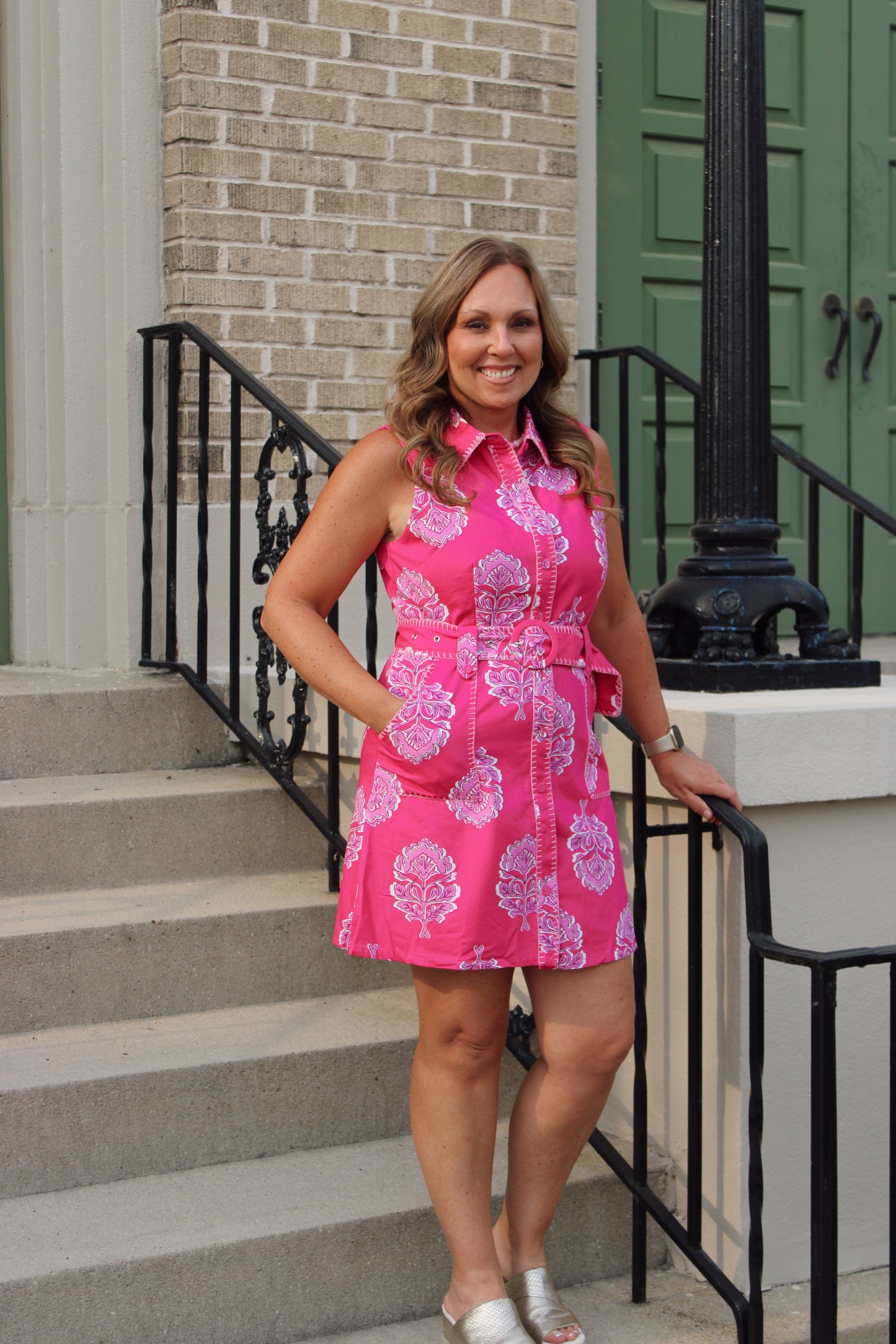 Daytime Darling Damask Print Contrast Stitch Trim Shirt Dress