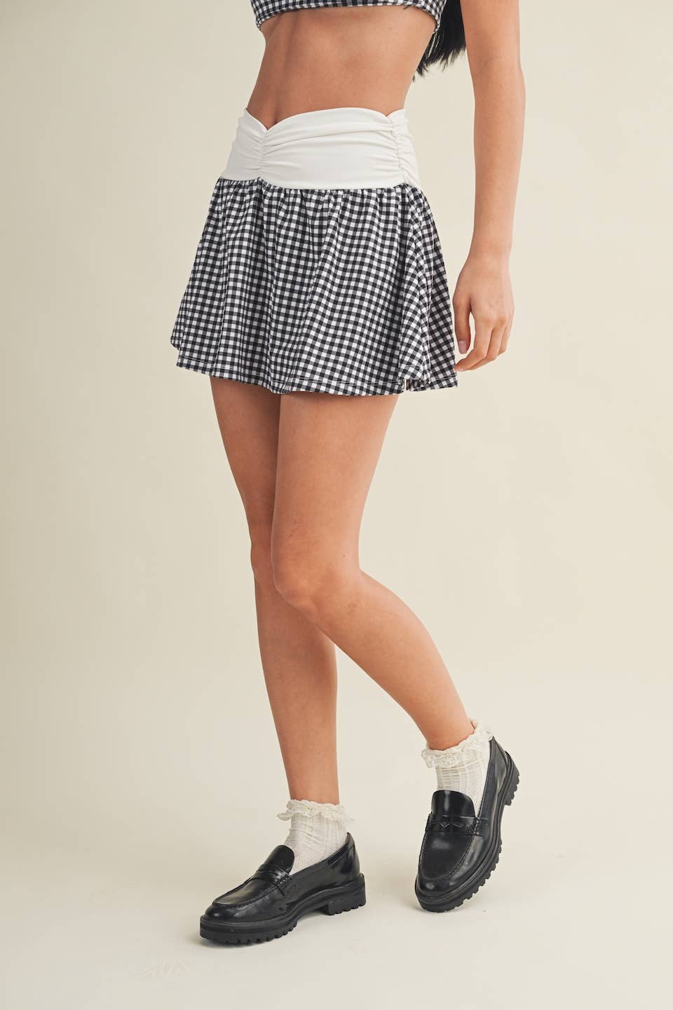 Gingham Print Ruched Waistband Mini Skort