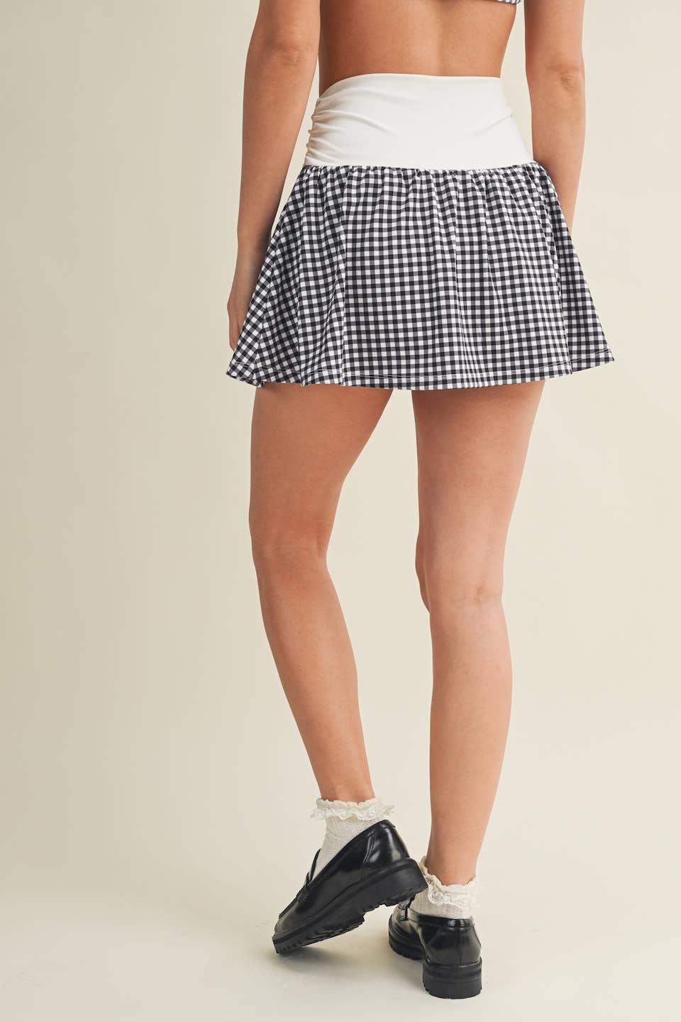 Gingham Print Ruched Waistband Mini Skort