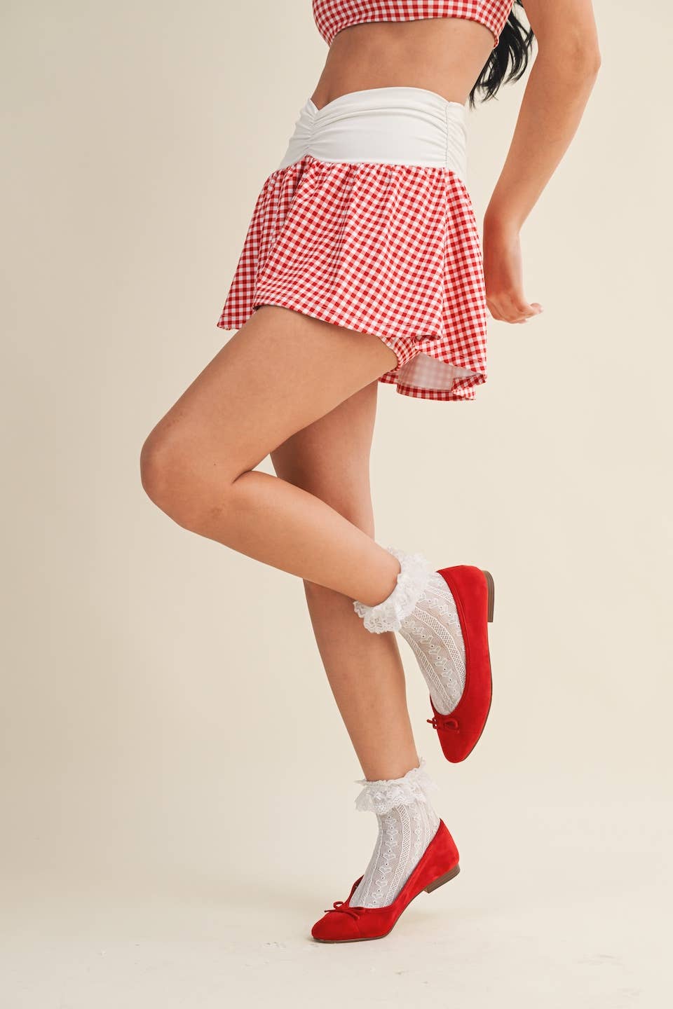 Gingham Print Ruched Waistband Mini Skort