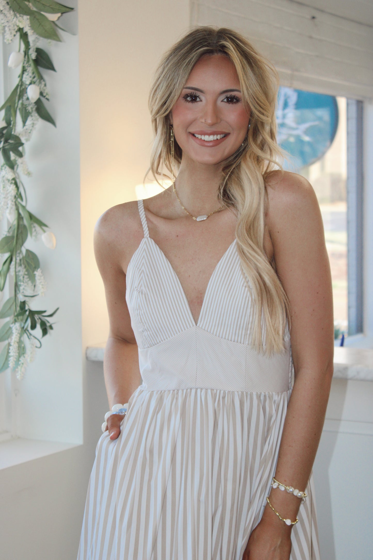 Darling Stripe V Neck Midi Dress
