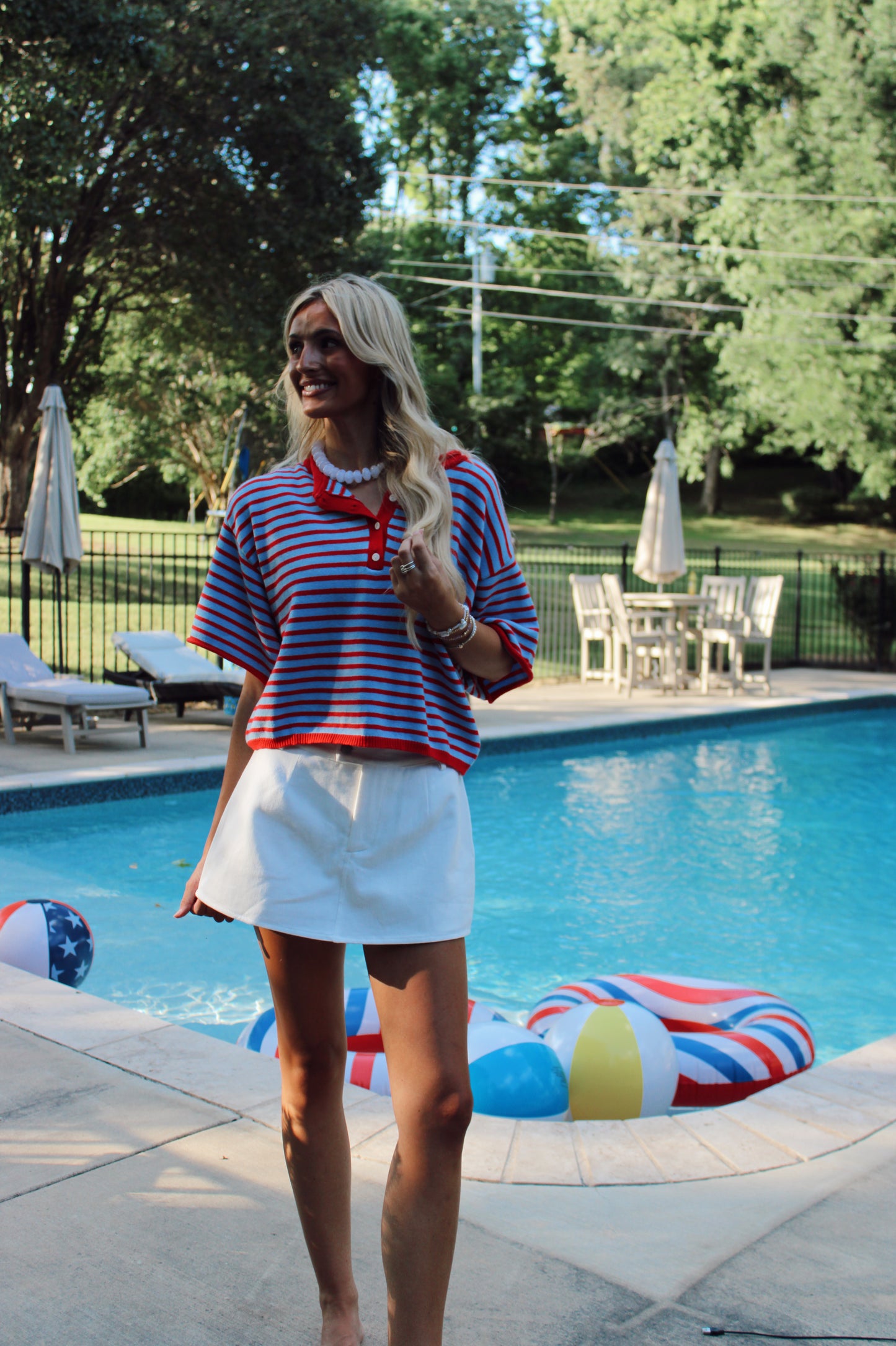 Jamie Striped Knit Henley - Blue and Red
