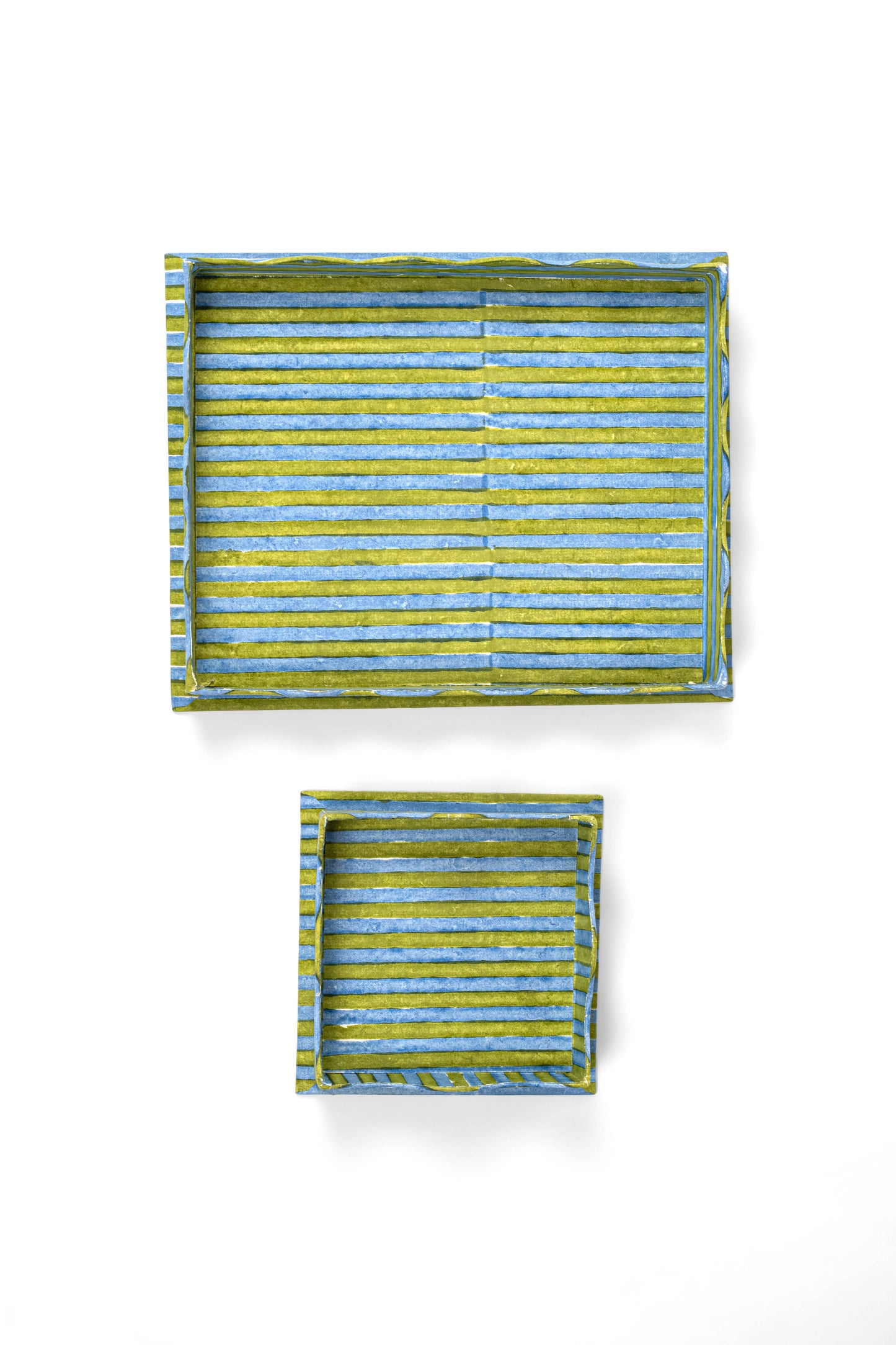 Nesting Scalloped Stripes Blockprint Trays in Green Blue