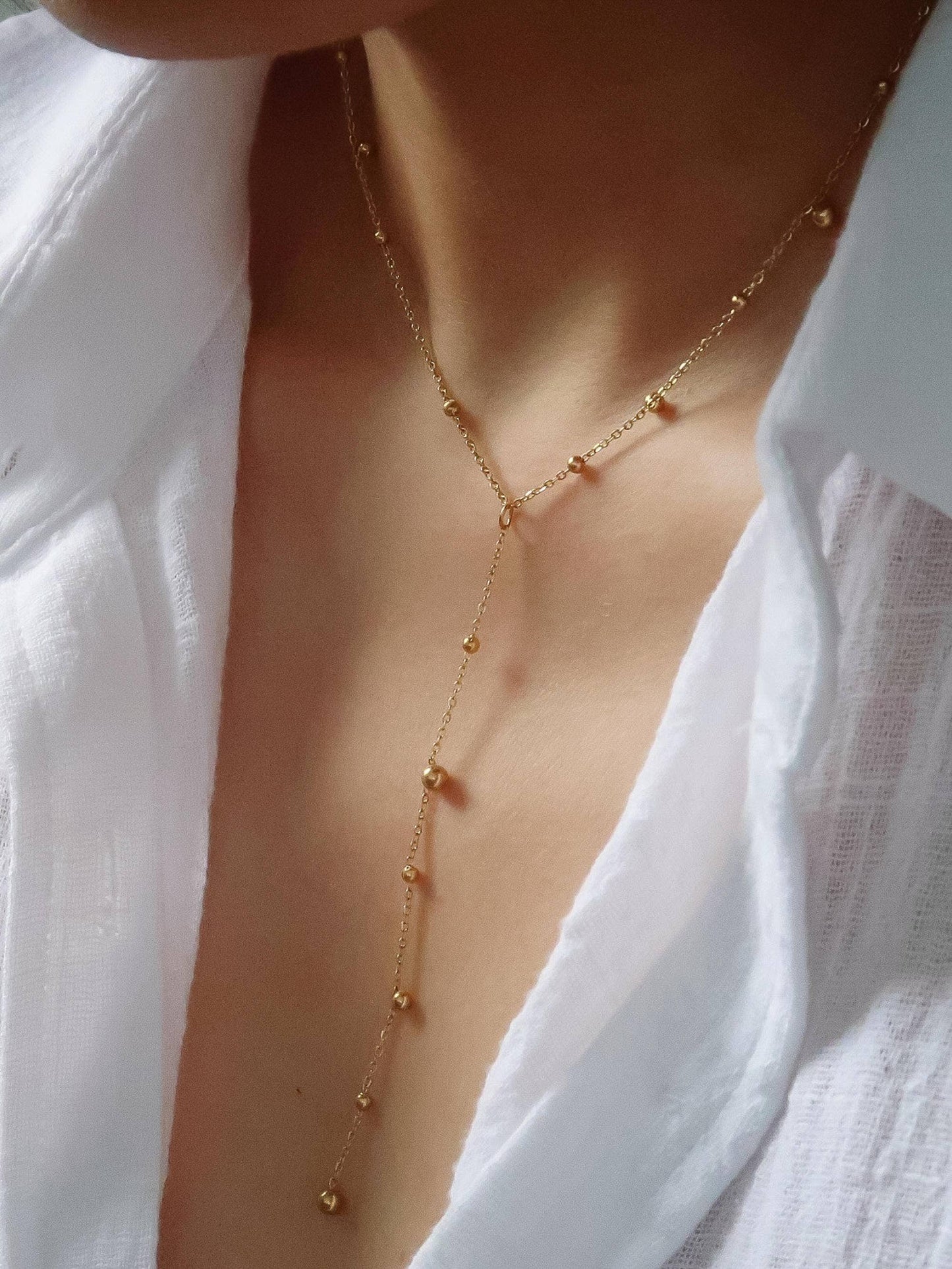 Gold Beaded Y Lariat Necklace