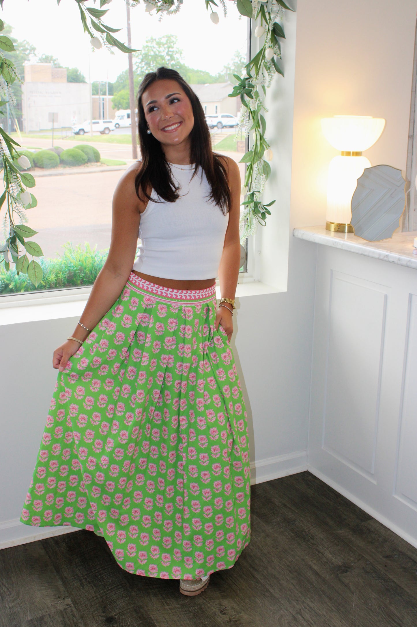 Madilynn Floral Contrast Trim Midi Skirt