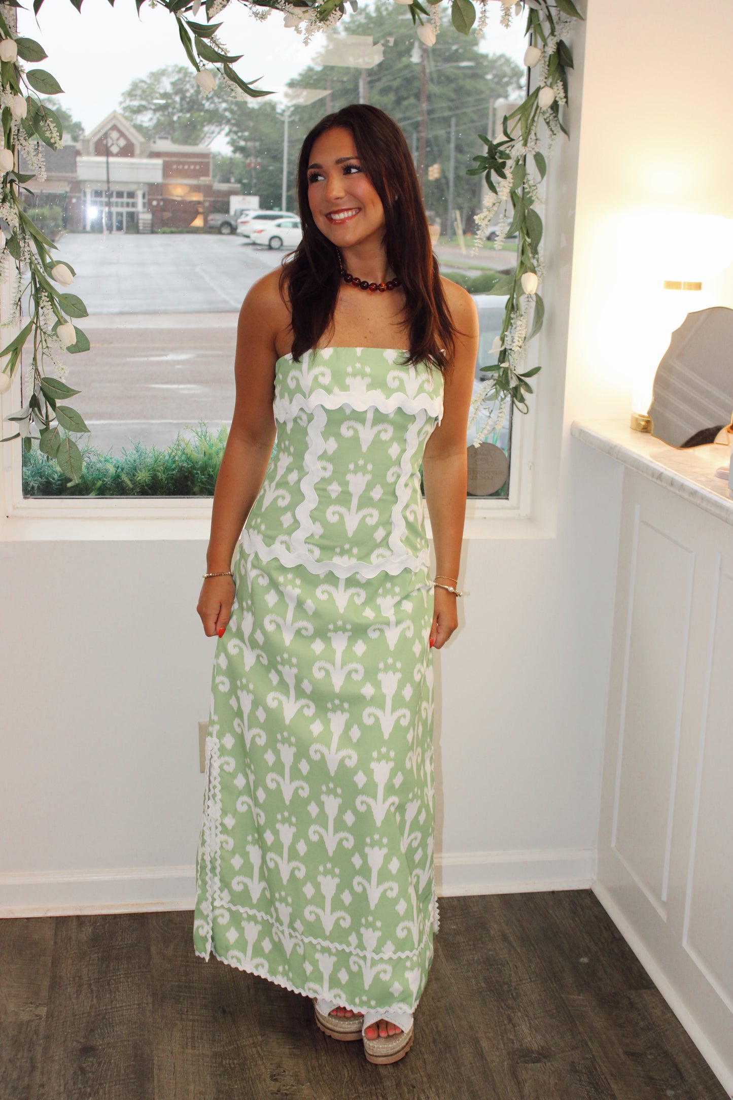 Abstract Print Ric Rac Detail Strapless Maxi Dress
