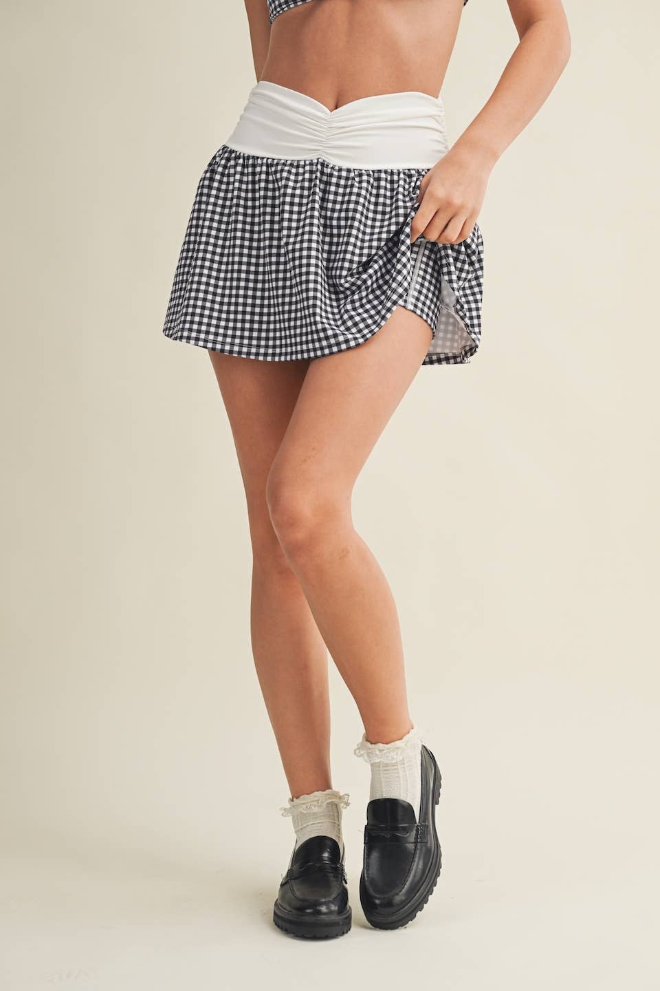 Gingham Print Ruched Waistband Mini Skort