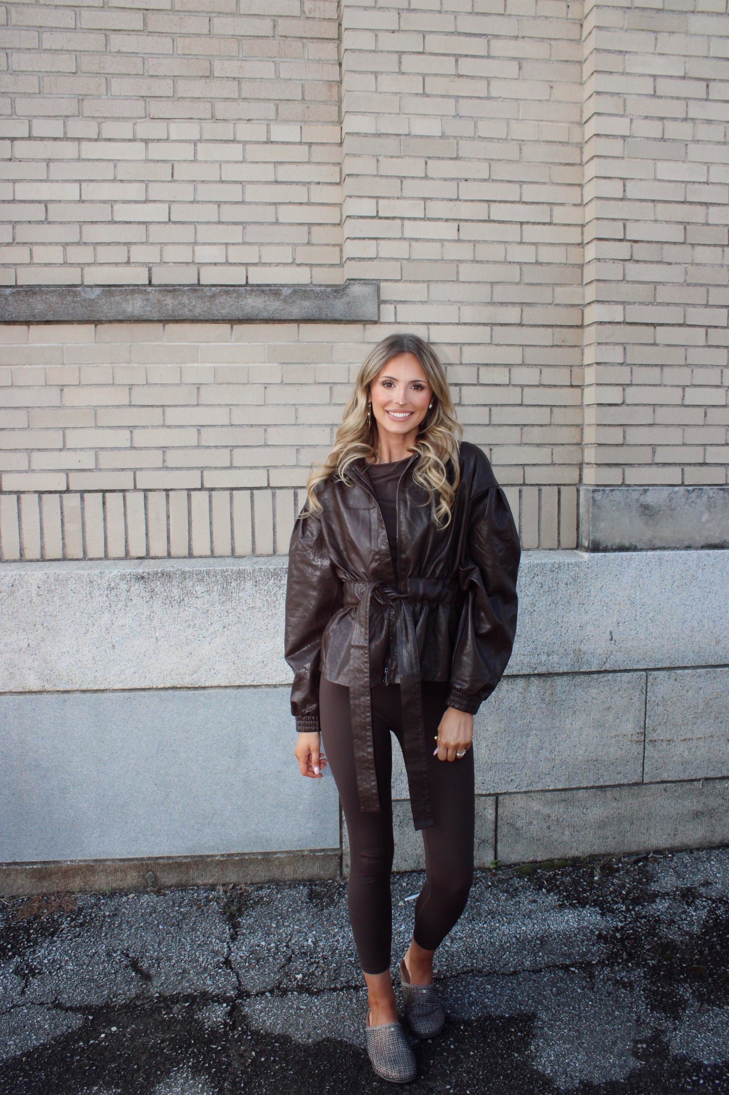 Chocolate Belted Faux Leather Jacket