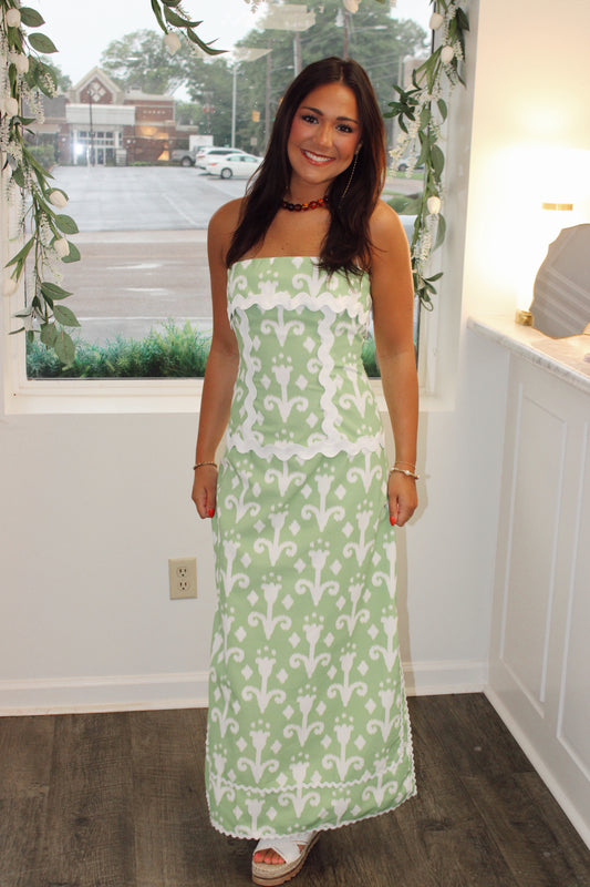 Abstract Print Ric Rac Detail Strapless Maxi Dress