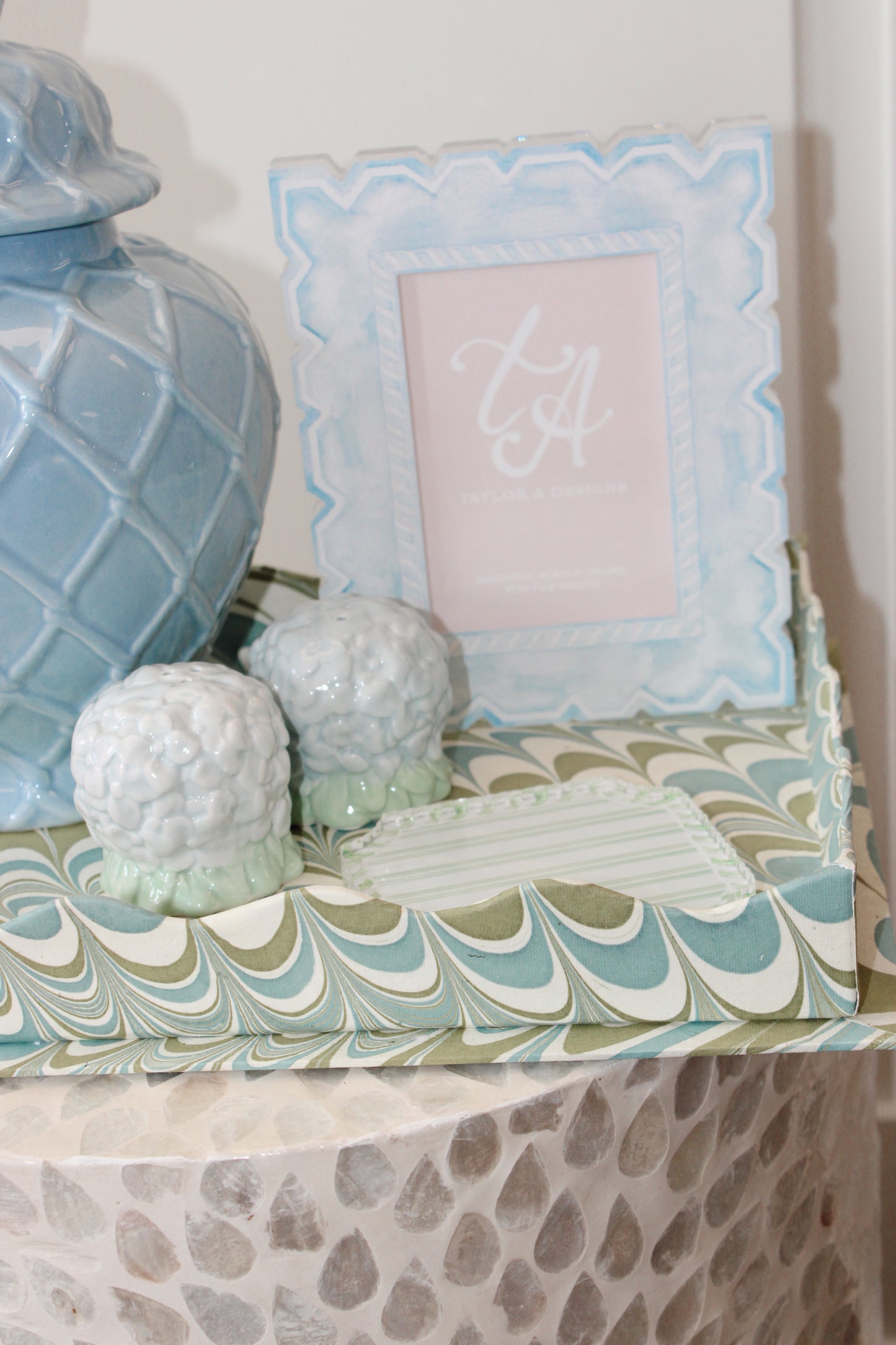 Nesting Scalloped Hand-Marbled Trays in Robin Blue