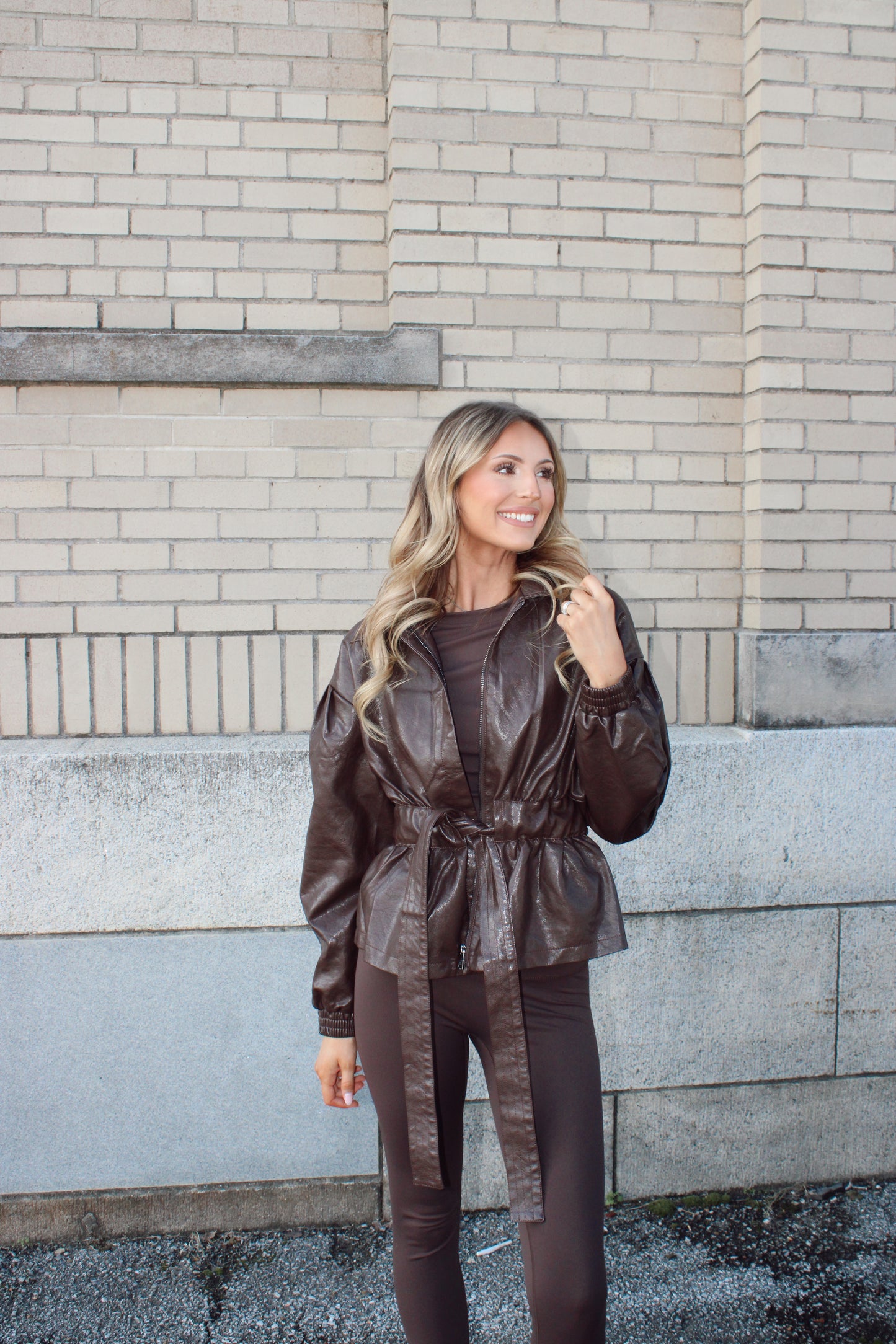 Chocolate Belted Faux Leather Jacket
