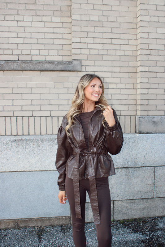 Chocolate Belted Faux Leather Jacket
