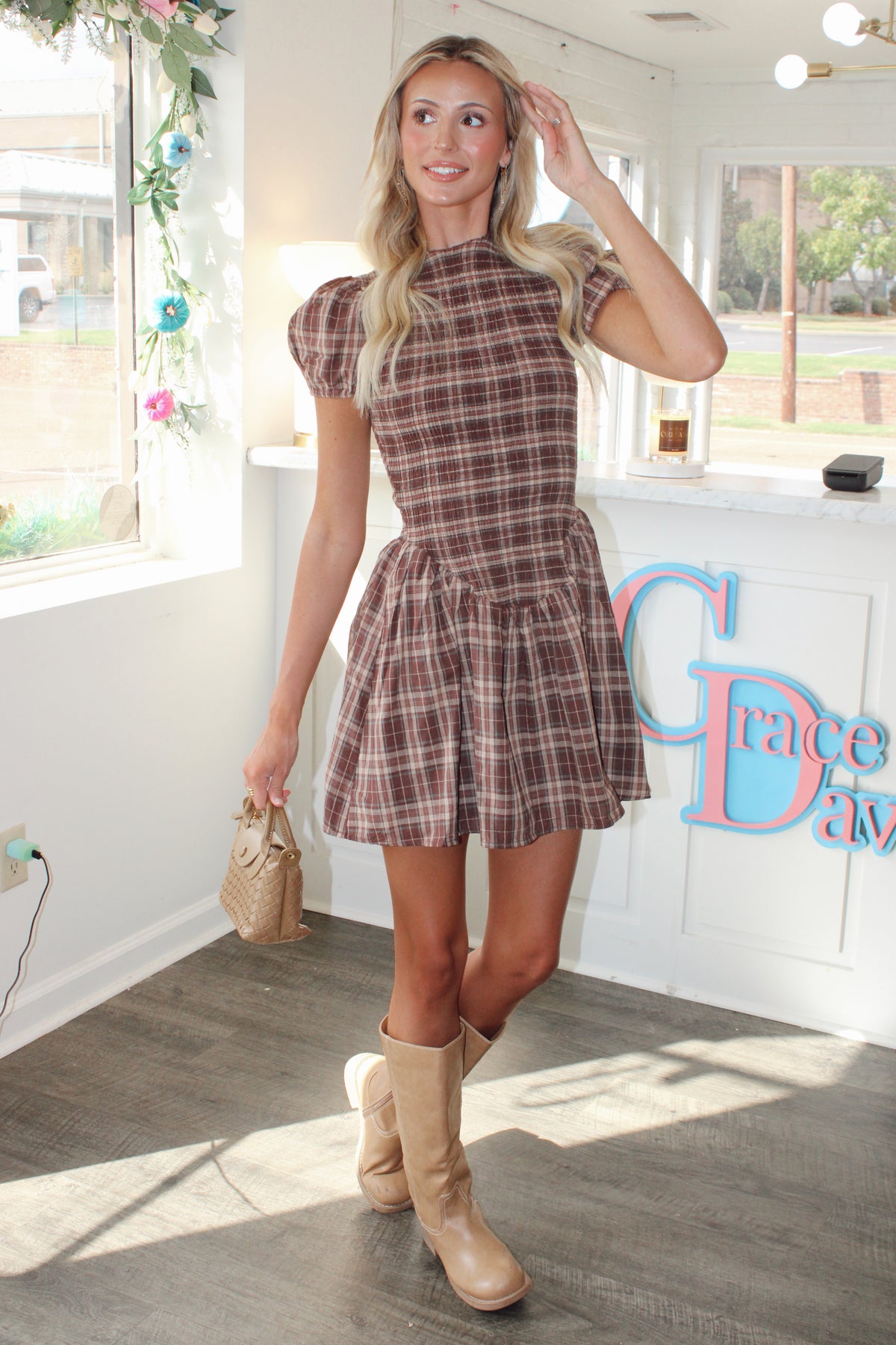 Rinsely Plaid Smocked Mini Dress